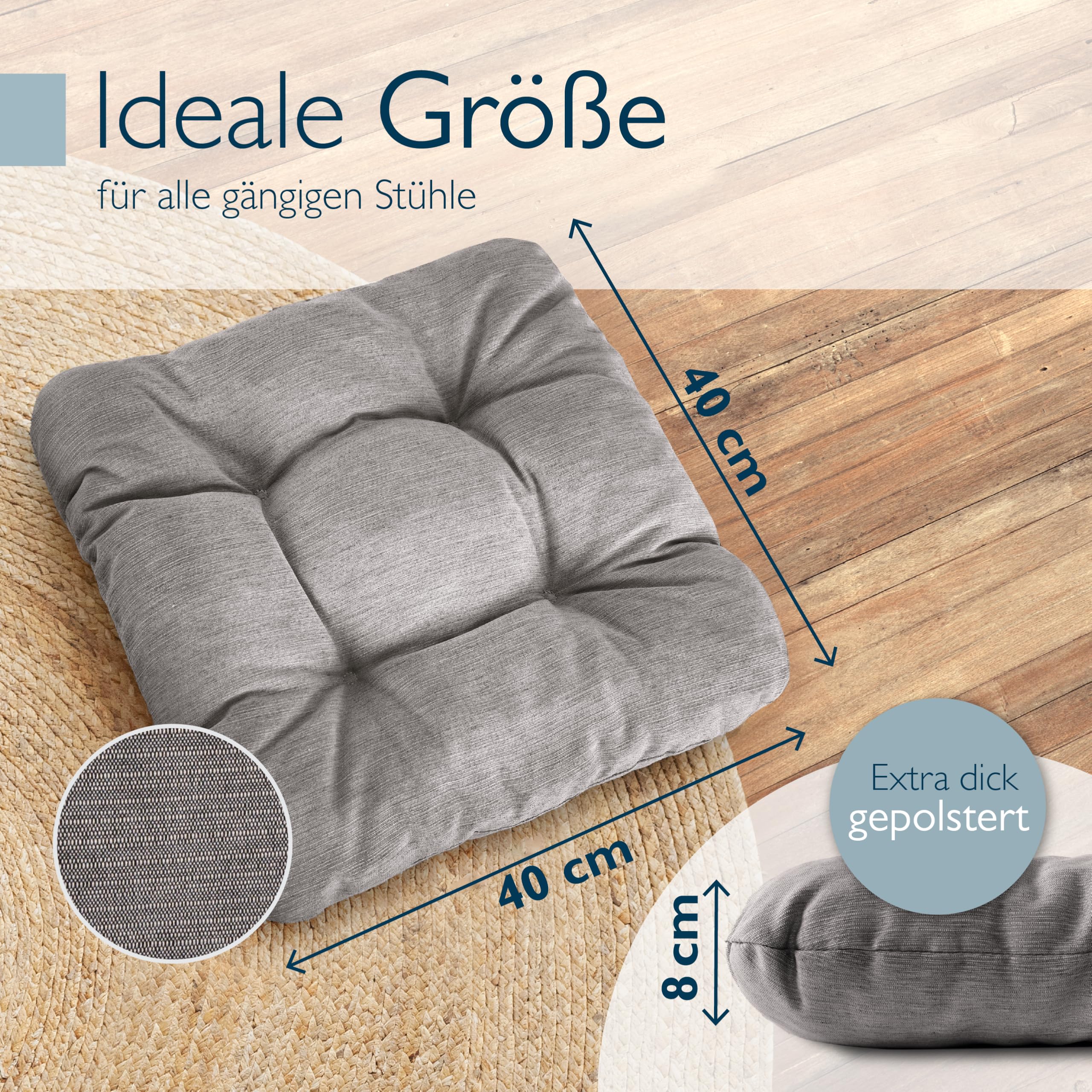 Beautissu 2er Set Premium Stuhlkissen UV-beständig Robust für Balkonstühle | 40x40cm Hellgrau 8cm dick Sitzkissen Outdoor Polster Gartenstuhl Sitzpolster Stuhl Kissen Indoor Sitzauflage HighLux SK
