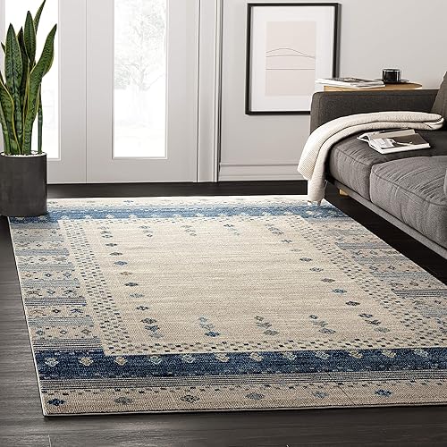 Abani Southwestern Mesa Collection - Alfombra decorativa con borde azul y beige de 6 x 9 pies