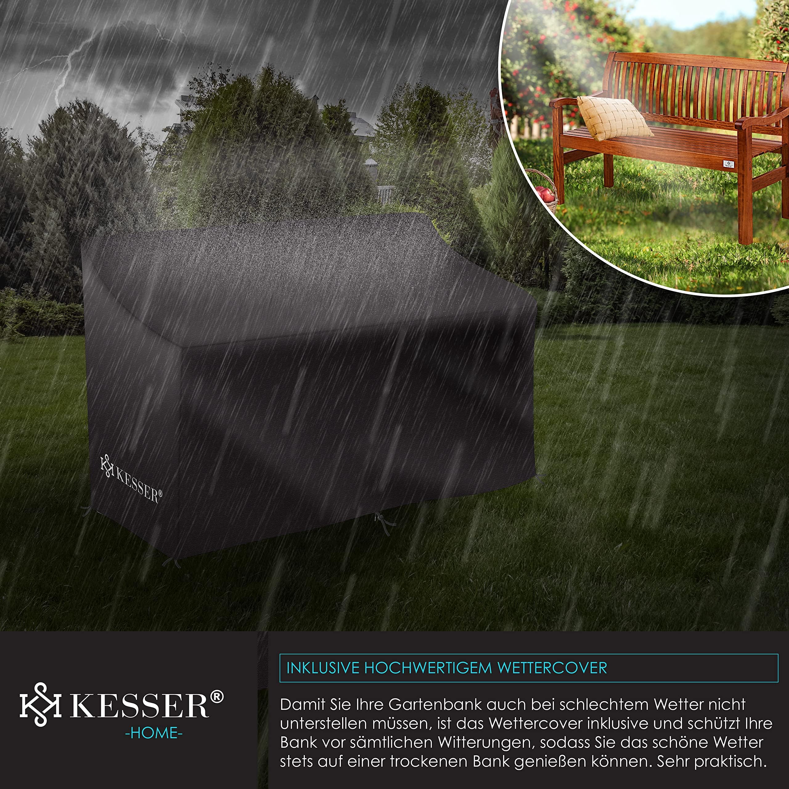 KESSER® Banco de jardín de madera resistente a la intemperie, 125 cm, banco de madera para jardín, 2 – 3 plazas, banco de exterior, banco de balcón de madera maciza, banco de parque, soporta 320 kg
