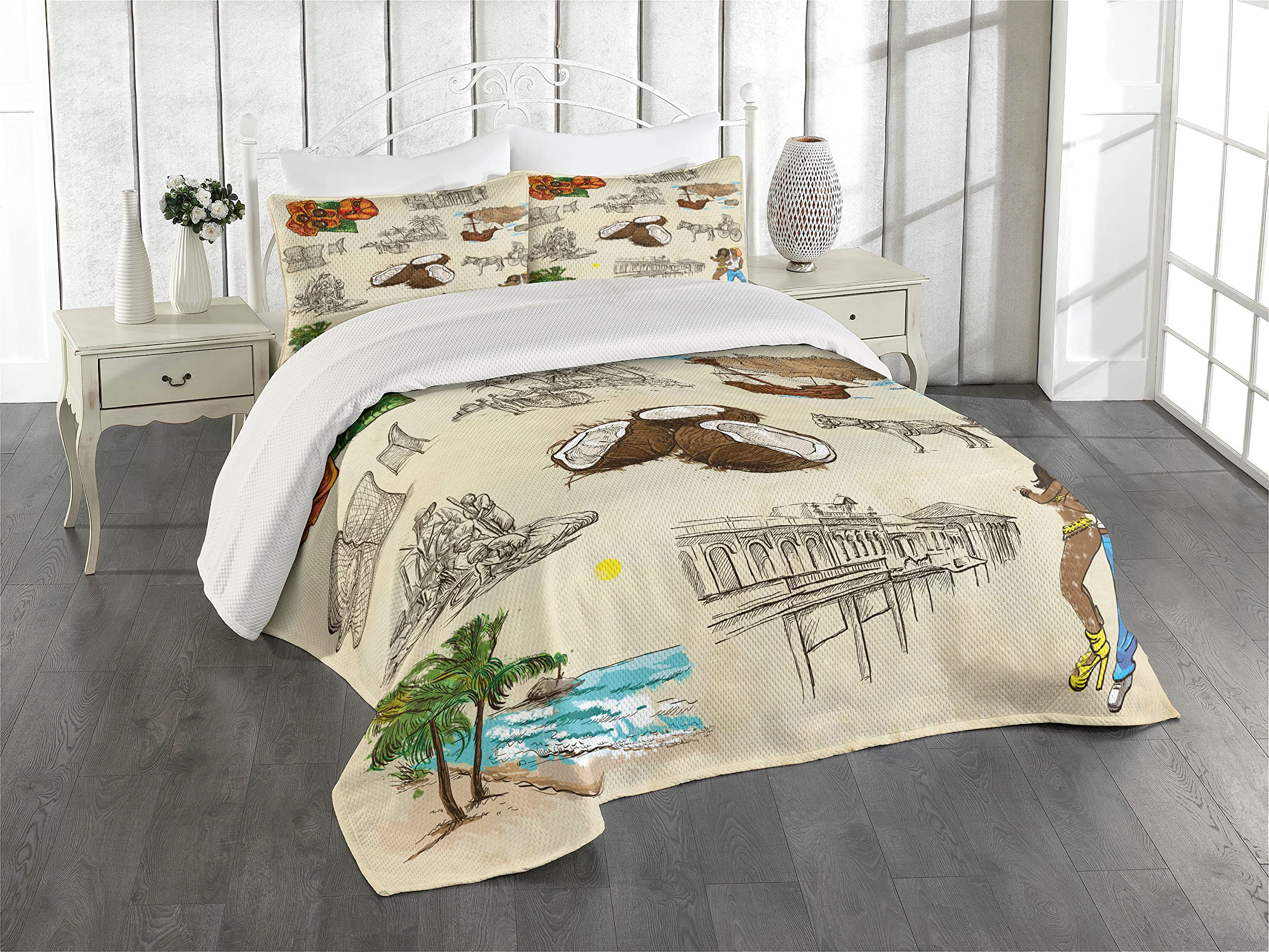 Ambesonne Jamaican Coverlet, Hand Drawn Illustrations of Elements from Caribbean Cultures Old Paper Effect, 3 Piece Decorative Quilted Bedspread Set with 2 Pillow Shams, King Size, Dark Tan