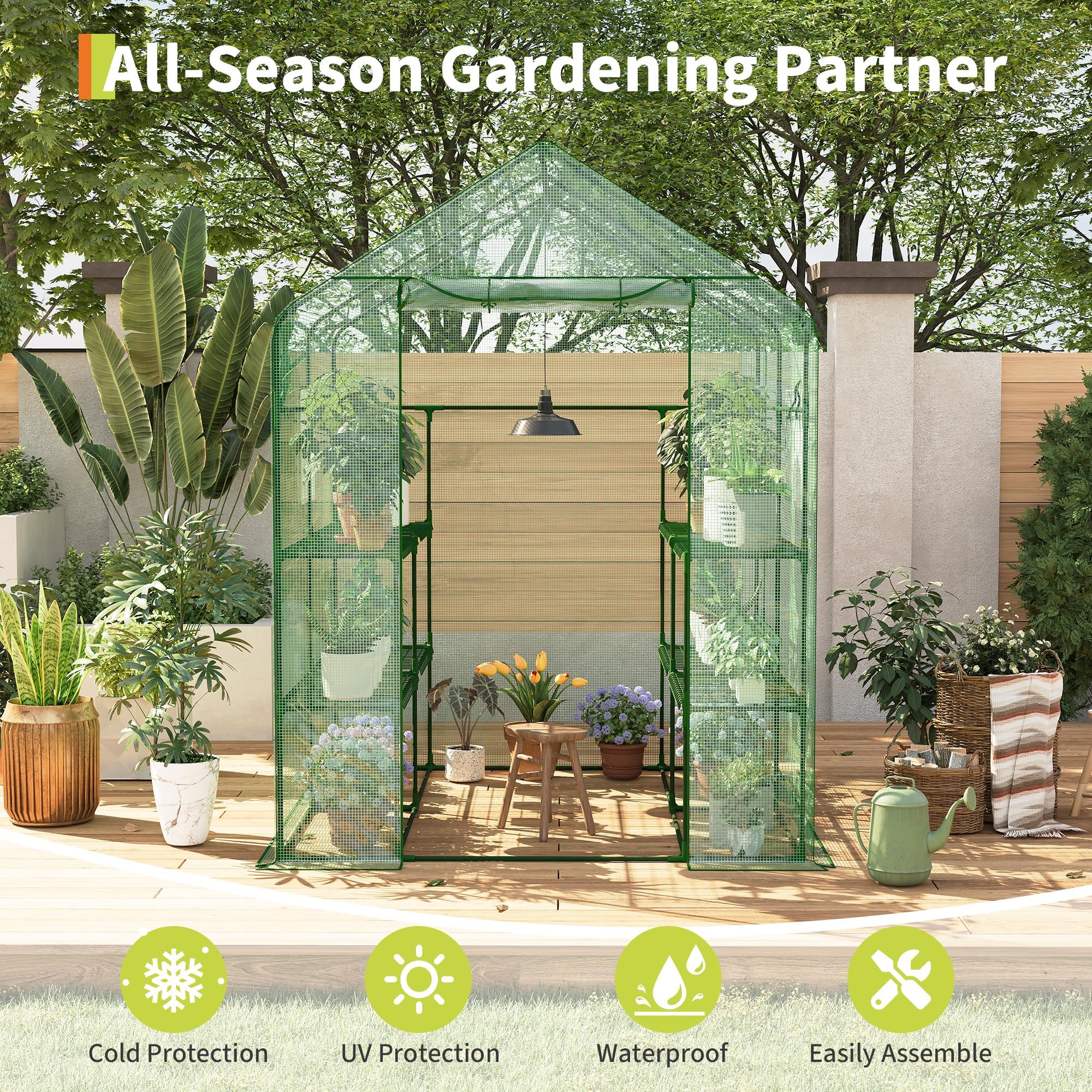 Garvee Serra da Giardino a Casetta, 143x143x195 cm, Serra Walk-in con 12 Ripiani e 2 Finestre, Copertura in PE Rinforzato 140G per Orto e Piante, Verde