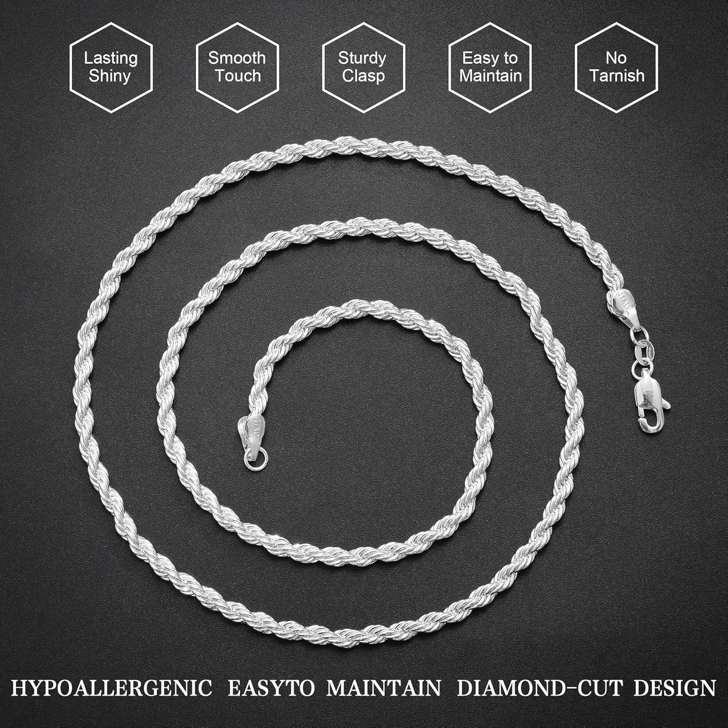 2.5/3/4 mm Rope Chain Necklace for Men - 925 Sterling Silver Chain for Men Necklaces Jewelry Gifts for Father Boyfriend Husband - Image 7