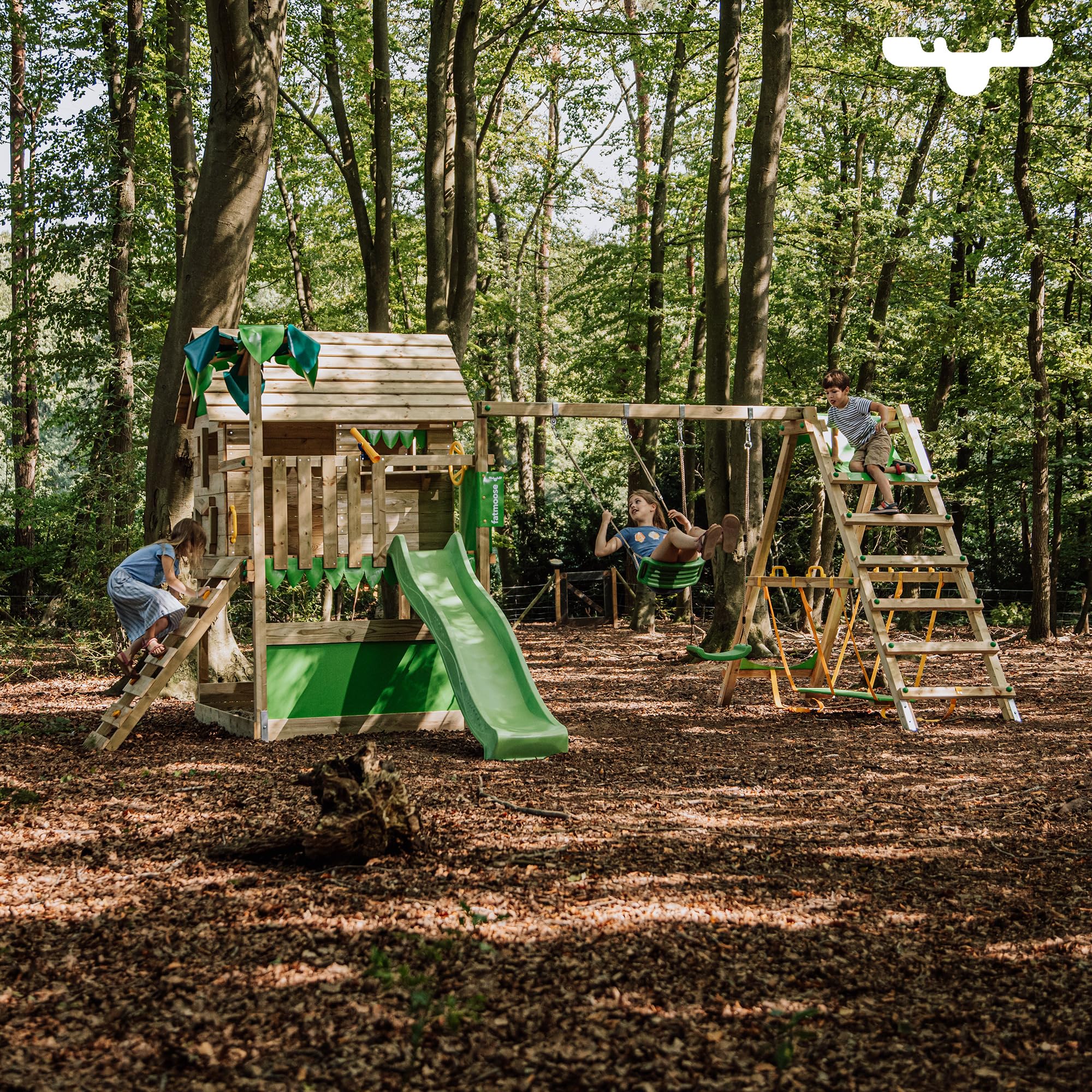 FATMOOSE Spielturm TikaTaka Town XXL mit anthraziter Rutsche | Klettergerüst, Mit Schaukel, Sandkasten, Leiter & Spiel-Zubehör, Outdoor für Garten