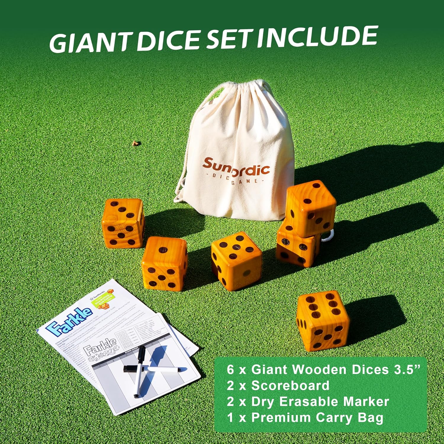 Giant Dice Yard Game – 6 Large Wooden Outdoor Dice Set with Scoreboard & Portable Collapsible Bucket – Classic Backyard Lawn Game for Adults, Kids & Family