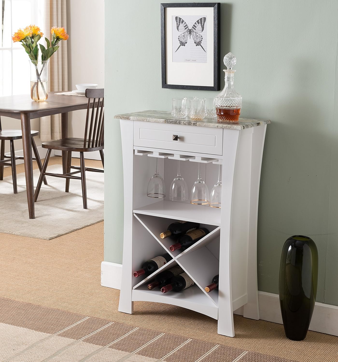 Kings Brand Hiland Bar Cabinet Wine Storage With Glass Holders & Drawer, White, White