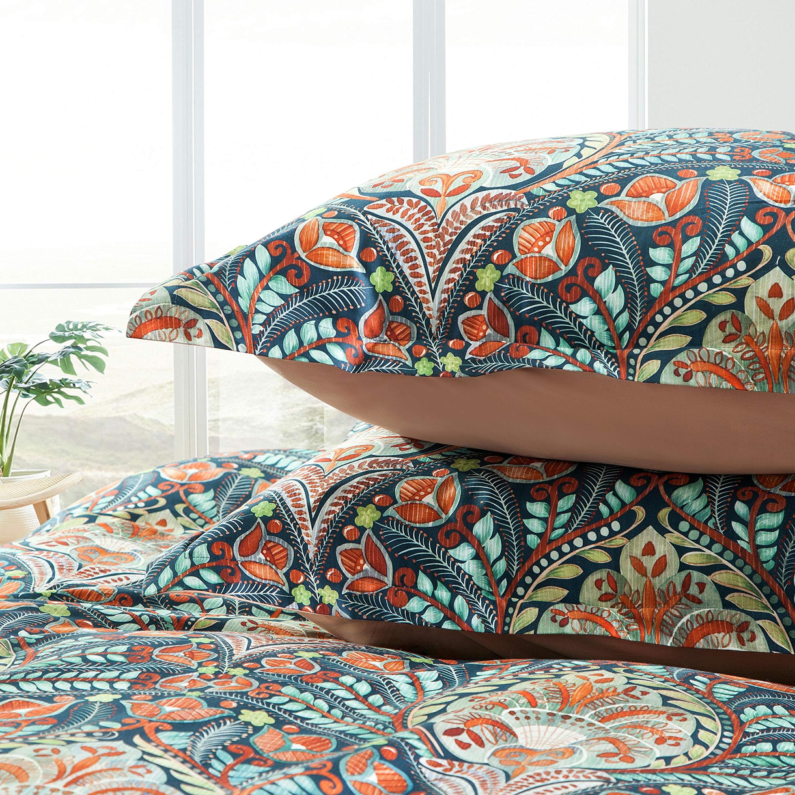 EikeiHome Damask Medallion Luxury Duvet Quilt Cover Boho Paisley Print Bedding Set 400 Thread Count Egyptian Cotton Sateen Vibrant Bohemian Pattern,3 pieces (King, Blue Orange)