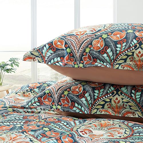 Eikei Home Edredón de lujo de estampado de Medallón de Damasco Boho cachemira, Juego de Ropa de Cama de 400 Hilos de Algodón Egipcio de Satén con