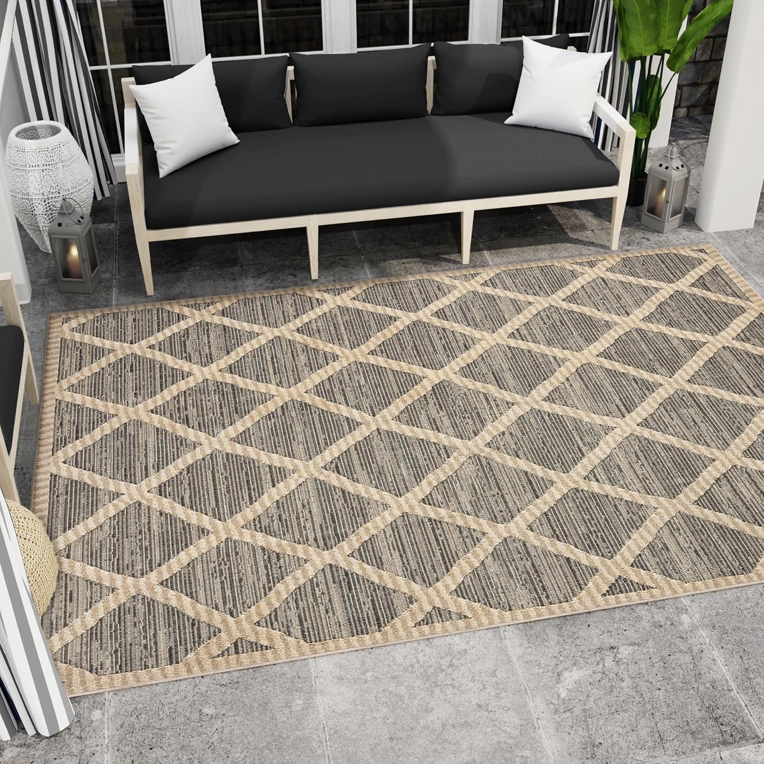 Nautica Indoor/Outdoor Area Rug, Modern Geometric Beige, 7' 10" x 10' High-Low Rug