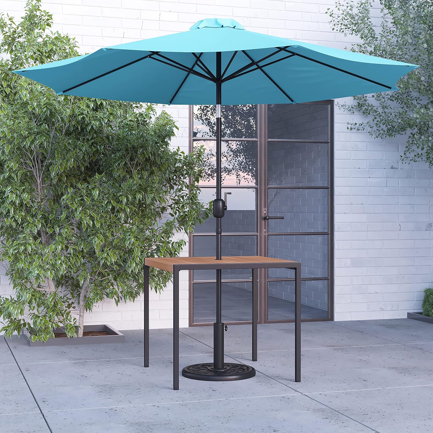 Merrick Lane Outdoor Dining Table and Umbrella Set - Faux Teak Poly Slat Top - Powder Coated Steel Frame - 35.25" x 35.25" Square Top - 9' Teal Umbrella and Base