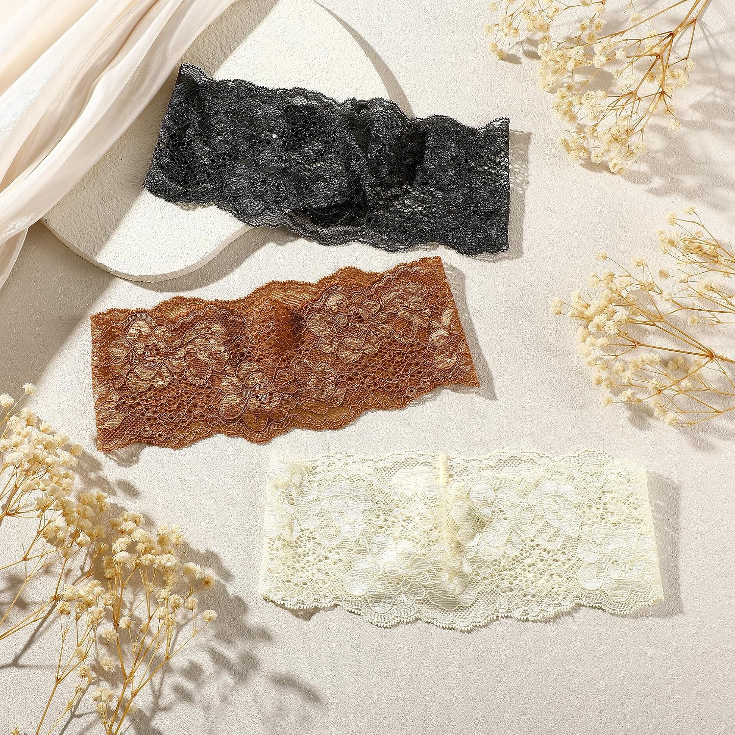 CWJCYTNSN Floral Lace Headbands for Women,Elegant Thin Stretchy 3 Pcs