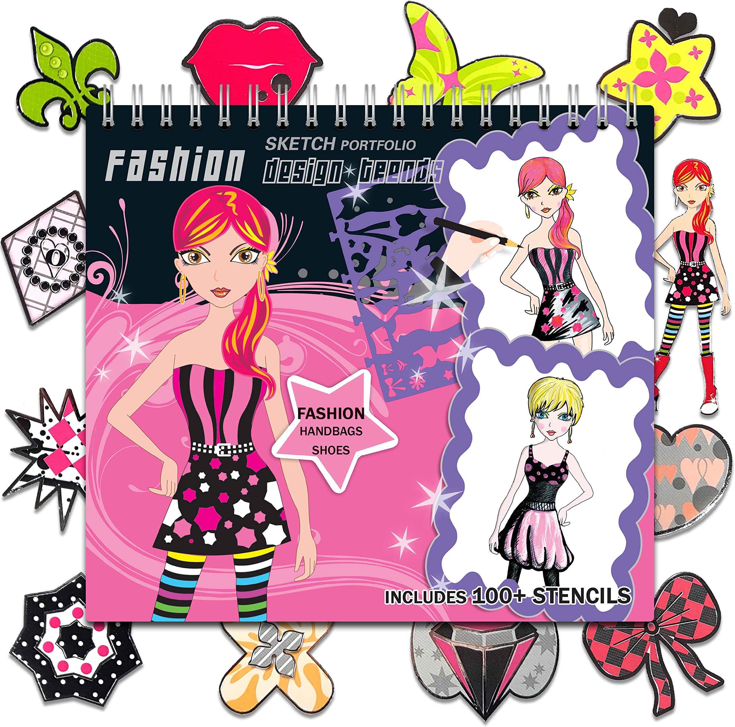 Pro Fashion Sketch Portfolio - Designer Sketchbook - Sticker Book for Kids - 100+ Stencils, 36 Coloring Pages, Dresses Bags Shoes Hair Makeup Nails Design – Art Kit Stickers Coloring Book for Girls