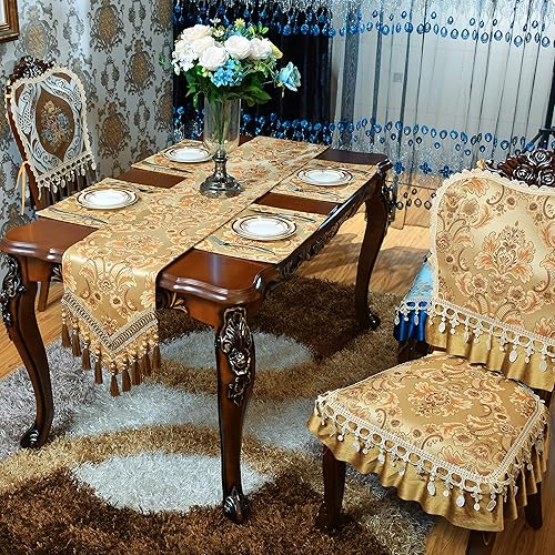 Miniatura 5 de Juego de 6 manteles individuales y camino de mesa de comedor de lujo, manteles individuales dorados de tela bohemia, perfectos para decoración de