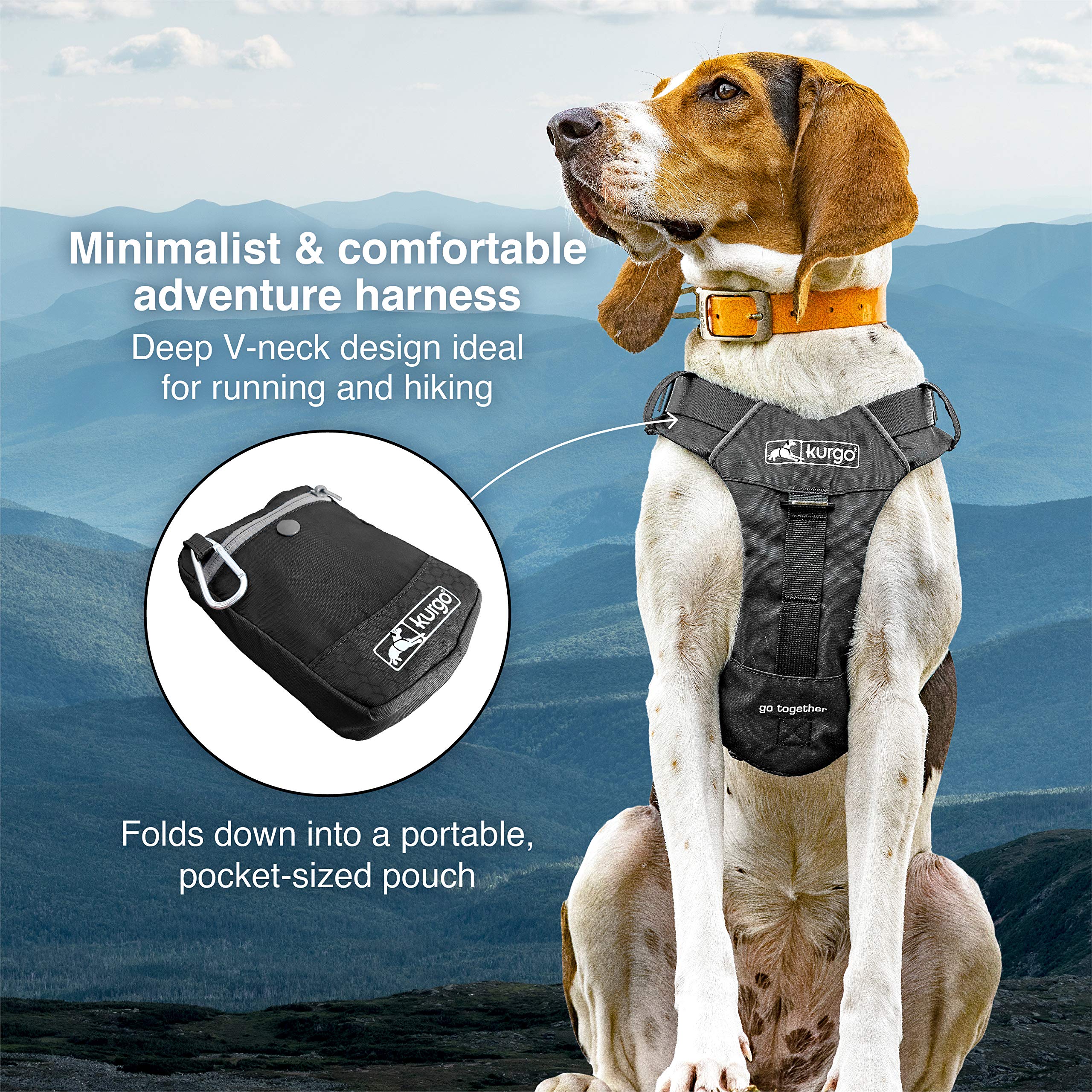 Kurgo Stash n' Dash - Arnés ligero para perros, arnés para mascotas con bolsillo, se pliega en una bolsa, para correr, senderismo, reflectante, negro, pequeño