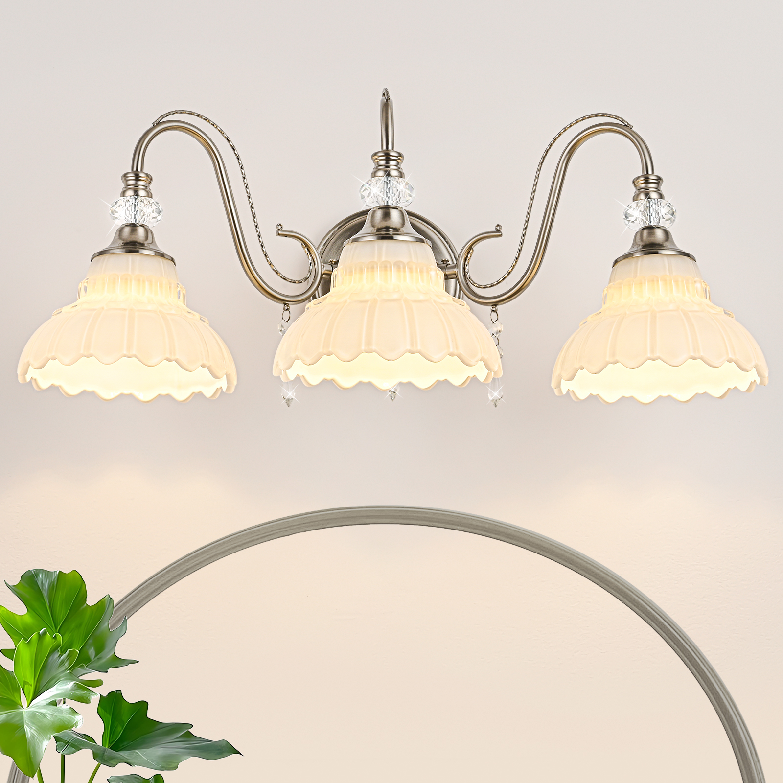 Image of Brushed Nickel Bathroom Vanity Light, 3-Light Nickel Finish Wall Sconce with Hanging Crystal Accents and Flower-Shaped White Glass Shades, Modern Wall Mount Vanity Light Over Mirror for Bathroom