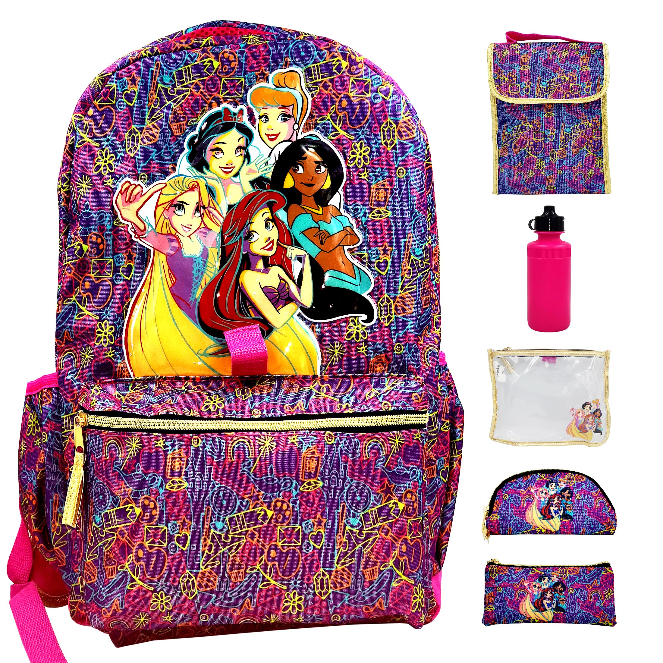 Disney Princess Backpack for Girls 16 inch - 6-Piece Set, Princess Bookbag with Lunch Box, Ideal for Back to School & Elementary Age Girls