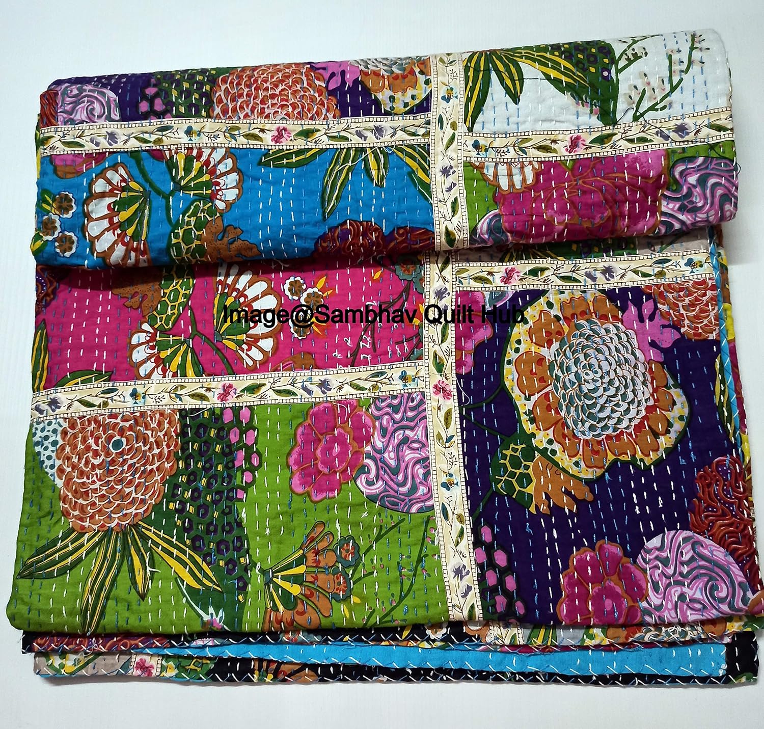 Queen/Twin/King Mullti Floral Patchwork Fruit less Print Throw Reversible Blanket Indian Kantha Quilts Ethnic Stitched Bedcover Bohemian Floral Print Kantha Comforter Quilting kantha (60X90 inches)