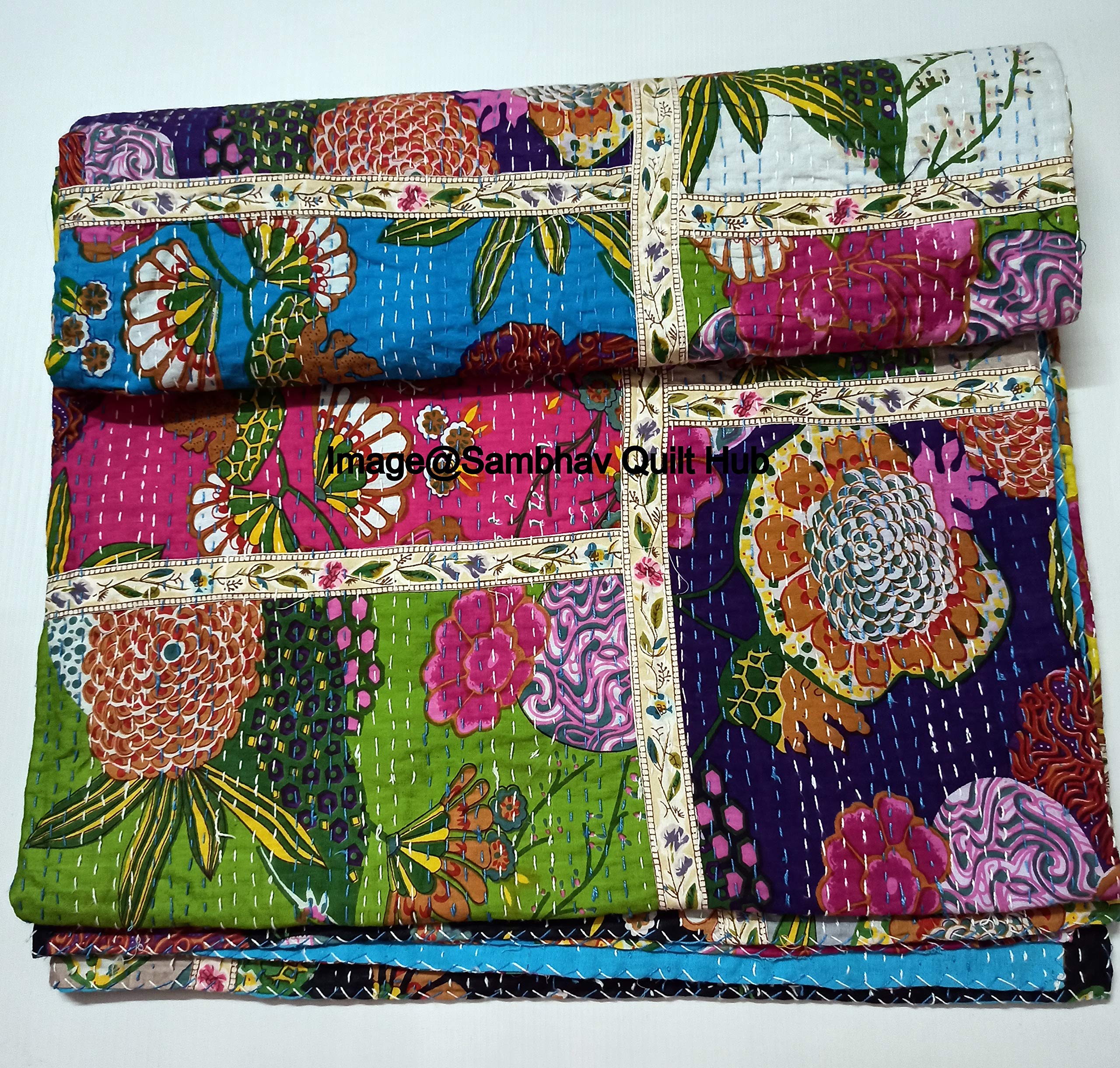 Manta reversible con estampado floral de remiendo de frutas y menos impresión, colcha de Kantha india, colcha de Kantha con costuras étnicas, bohemia, estampado floral Kantha (300 x 208 pulgadas)