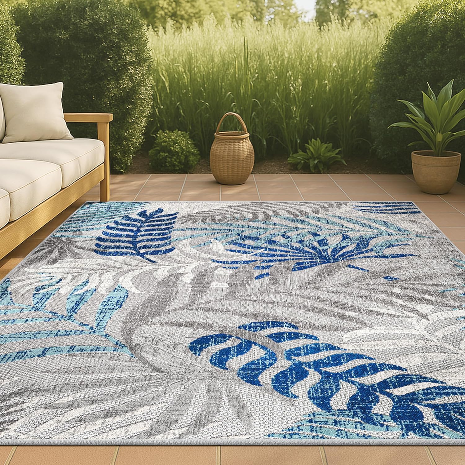 JONATHAN Y Tropics Palm Leaves Indoor Outdoor Area Rug 3X5 Gray/Blue, Boho for Backyard, Patio, Porch, Easy-Cleaning, High Traffic, Pet-Friendly, Non-Shedding (AMC100A-3)