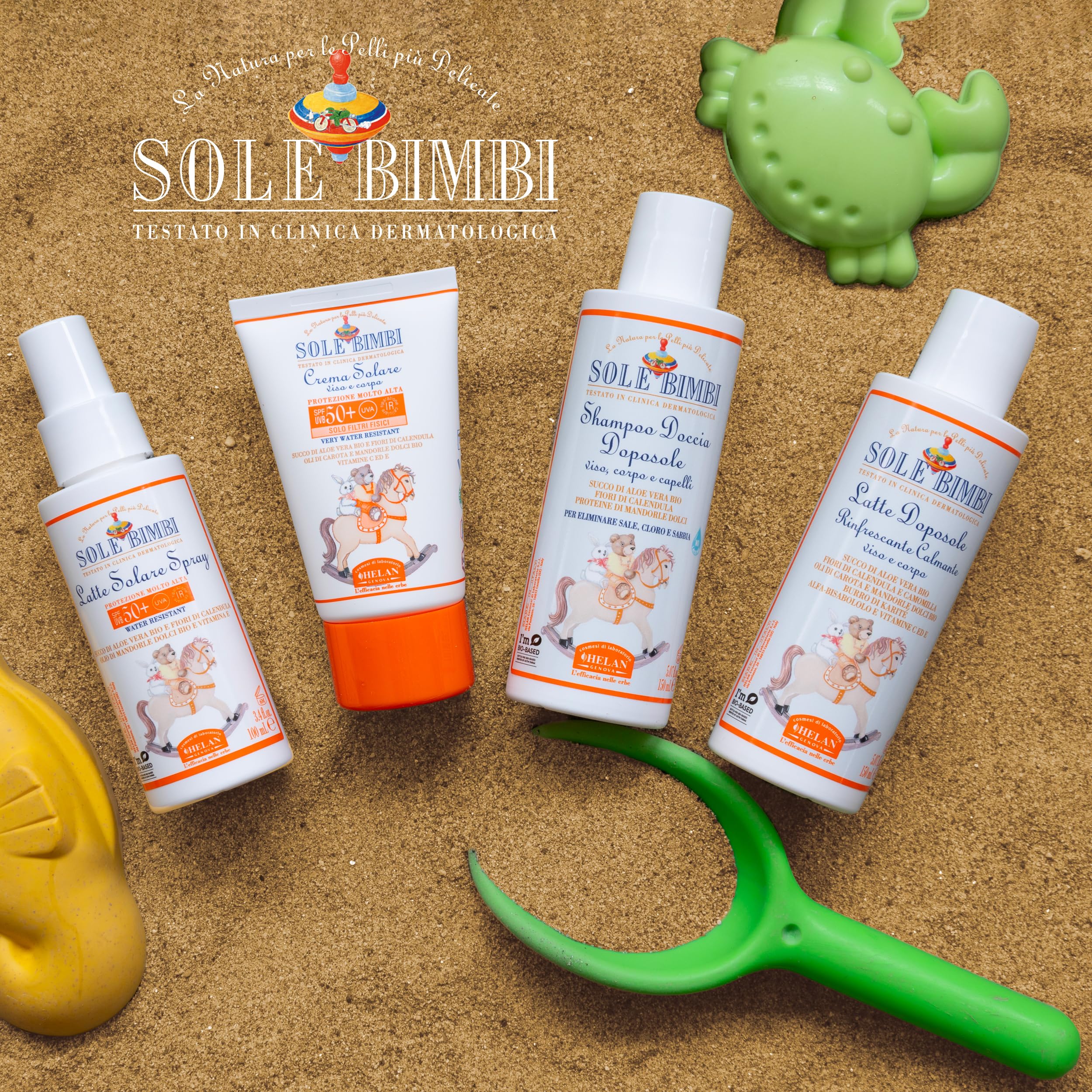 Helan, Sole Bimbi - Shampoo Bagnoschiuma Bambini Doposole Corpo, Viso e Capelli Idratante Calmante, Docciaschiuma Dopo Sole Ristrutturante con Proteine di Mandorle Dolci, Aloe Vera e Calendula, 150 ml