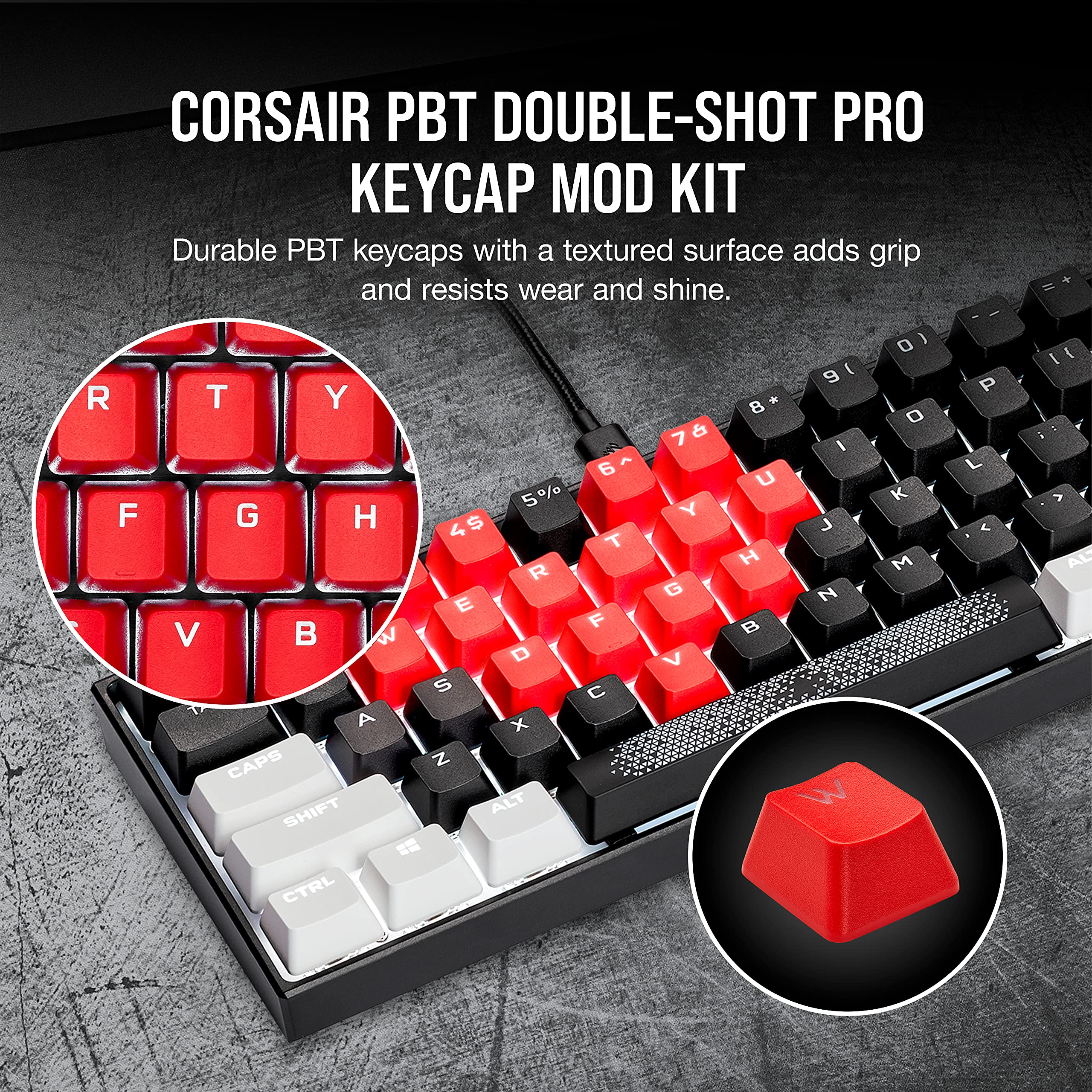 Corsair Kit de Mod de Touches PBT Double-Shot Pro (Touches PBT à Double tir, compatibilité Standard de la rangée inférieure, Surface texturée, Murs de 1,5 mm d'épaisseur avec Police rétroéclairée