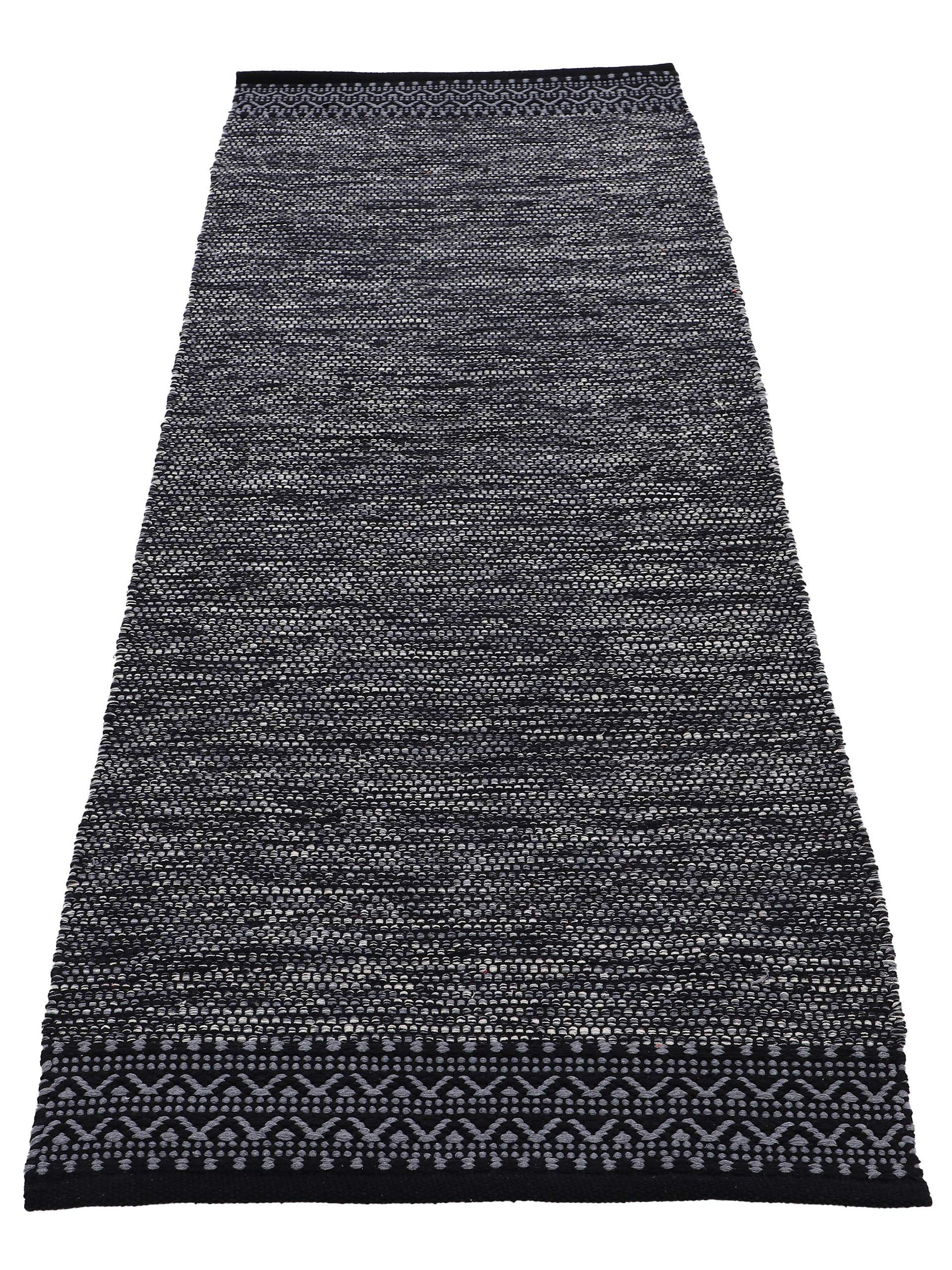 carpetfine Baumwollteppich Kelim Mia Läufer Schwarz 75x240 cm | Moderner Teppich für Wohn- und Schlafzimmer