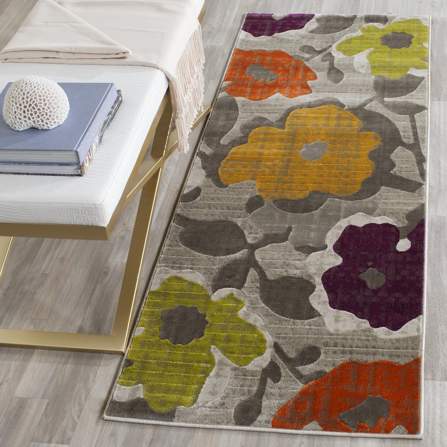 SAFAVIEH Porcello Collection Runner Rug - 2'4" x 9', Grey & Yellow, Floral Design, Non-Shedding & Easy Care, Ideal for High Traffic Areas in Living Room, Bedroom (PRL7726C)