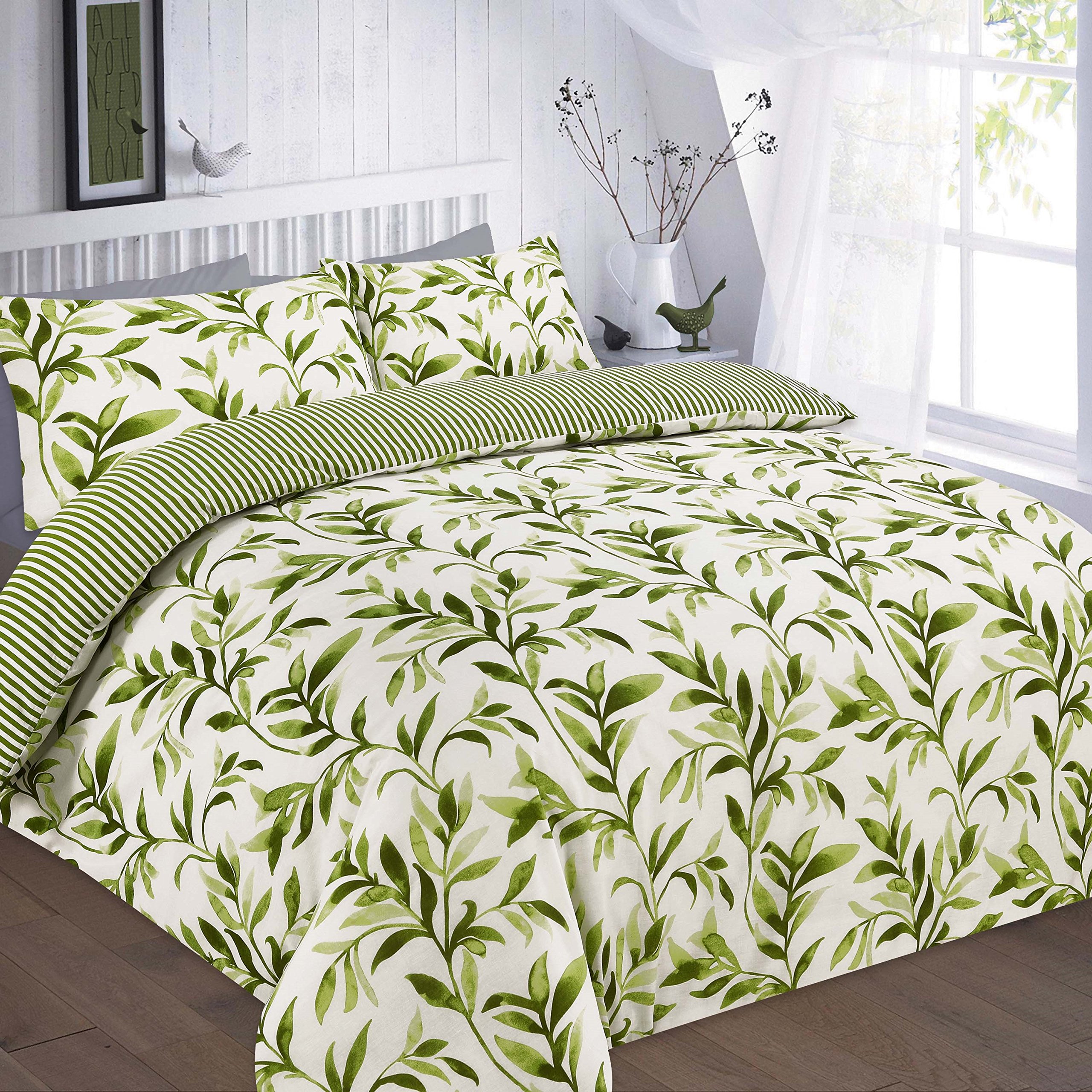 Maria Luxury Bedding & Linen Green Reversible Stripe Floral Duvet Cover And Pillowcase Bedding Set Bed Linen Set (Super King)