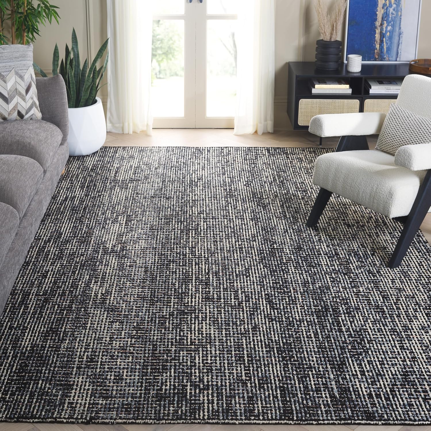 Ivory and Grey Abstract Handmade Wool 9' x 12' Area Rug