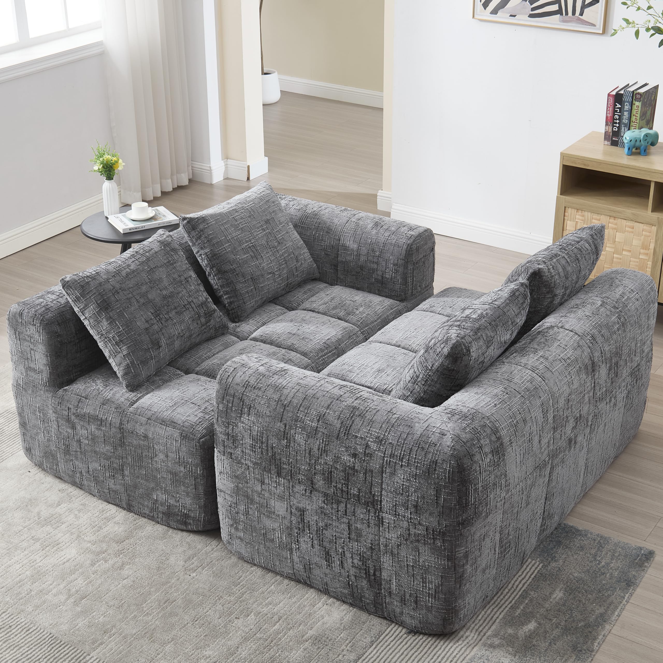 YESGIGA Bequemes Chaiselongue-Sofa, kein Zusammenbau erforderlich, weiches Sofa mit Kissen, Seitentaschen für Fernbedienung und Mobiltelefon (Grau 2 Sitzer)