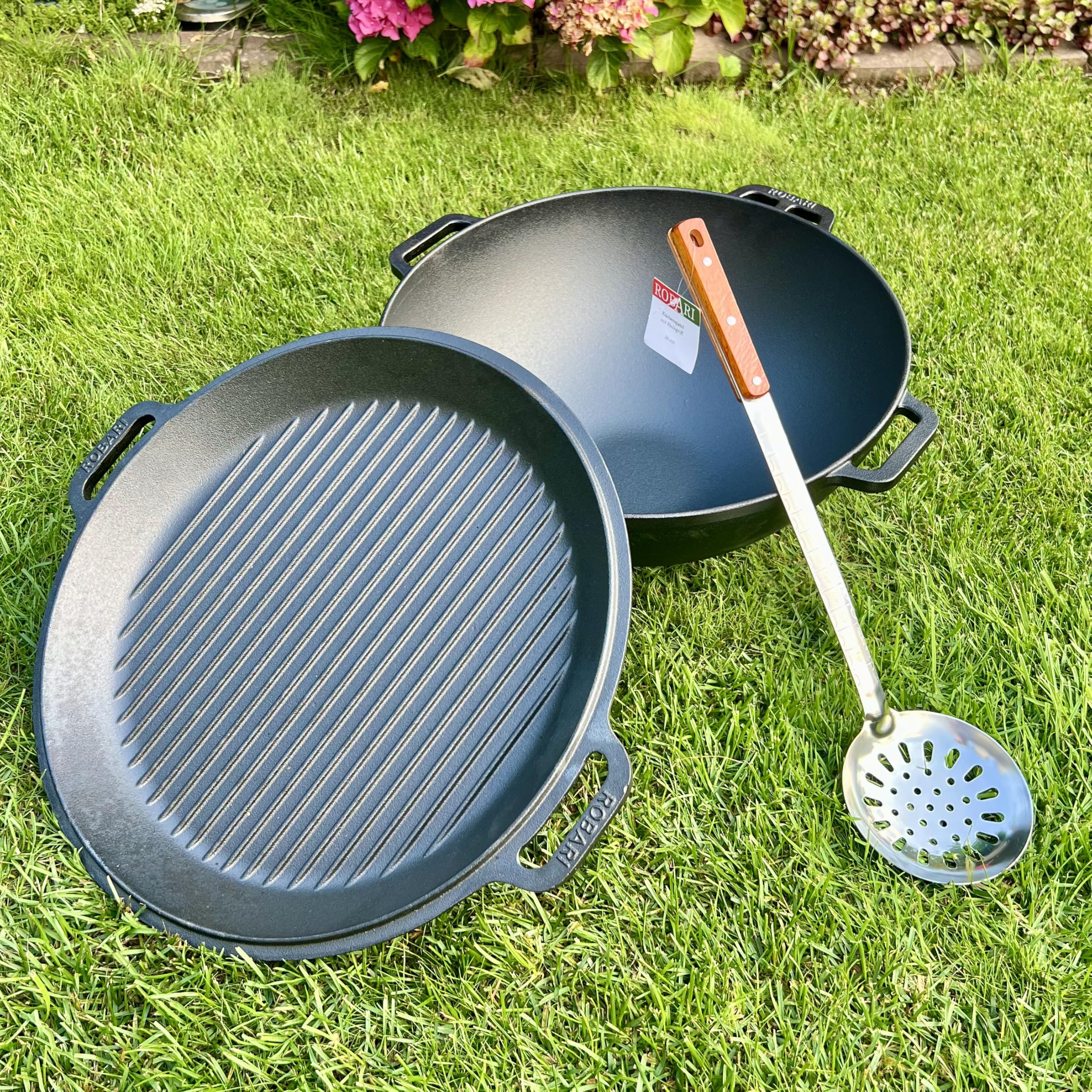 Gusseisen Kasan 12 L mit GRILLDECKEL + Schaumlöffel KAZAN Wok Gulaschkessel