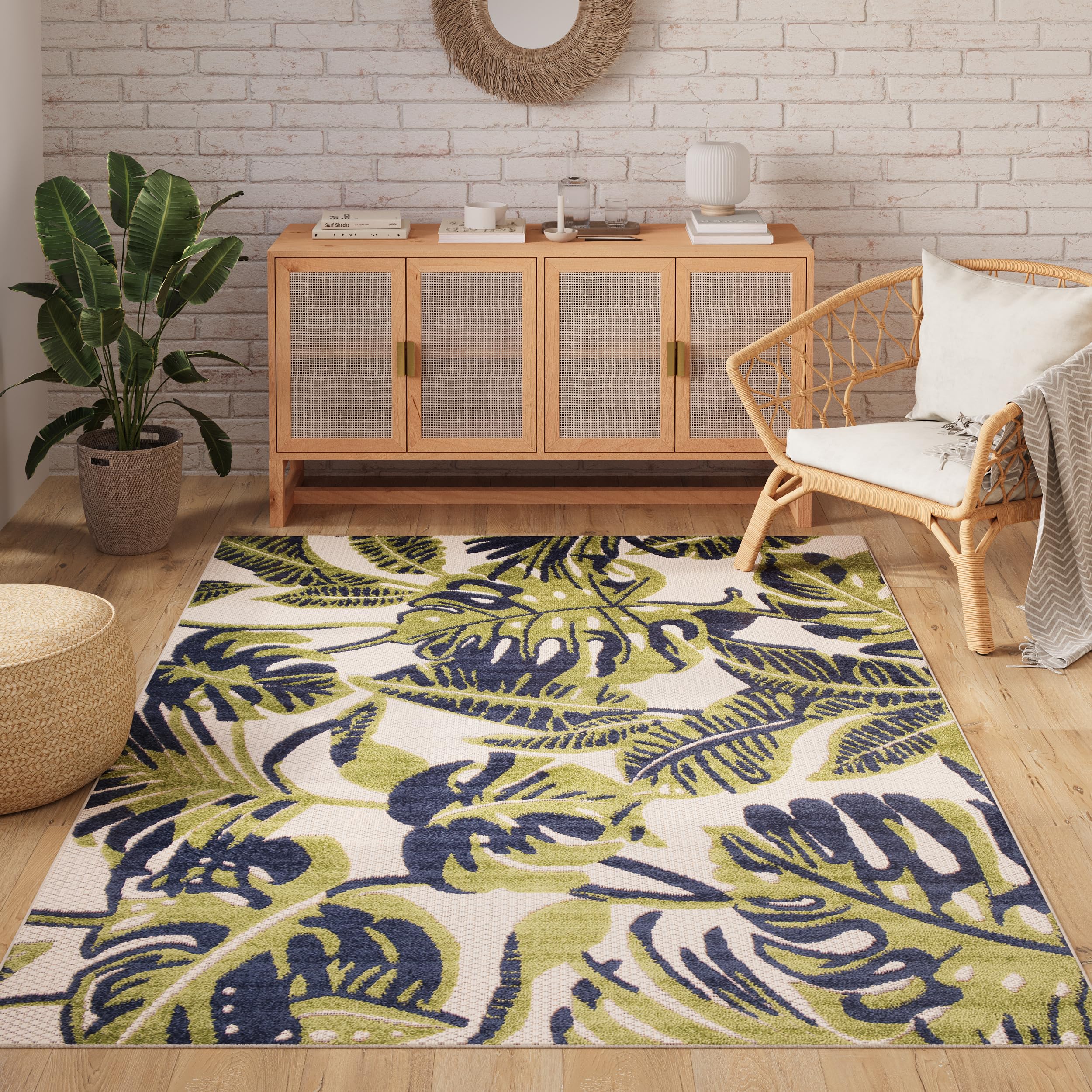 TAPISO Patio Tappeto Salotto Esterno Pelo Corto Design Moderno Motivo Floreale Foglie Monstera Effetto 3D Blu Verde Sala Camera Terrazza Balcone Outdoor Indoor Oeko-Tex 80 x 150 cm
