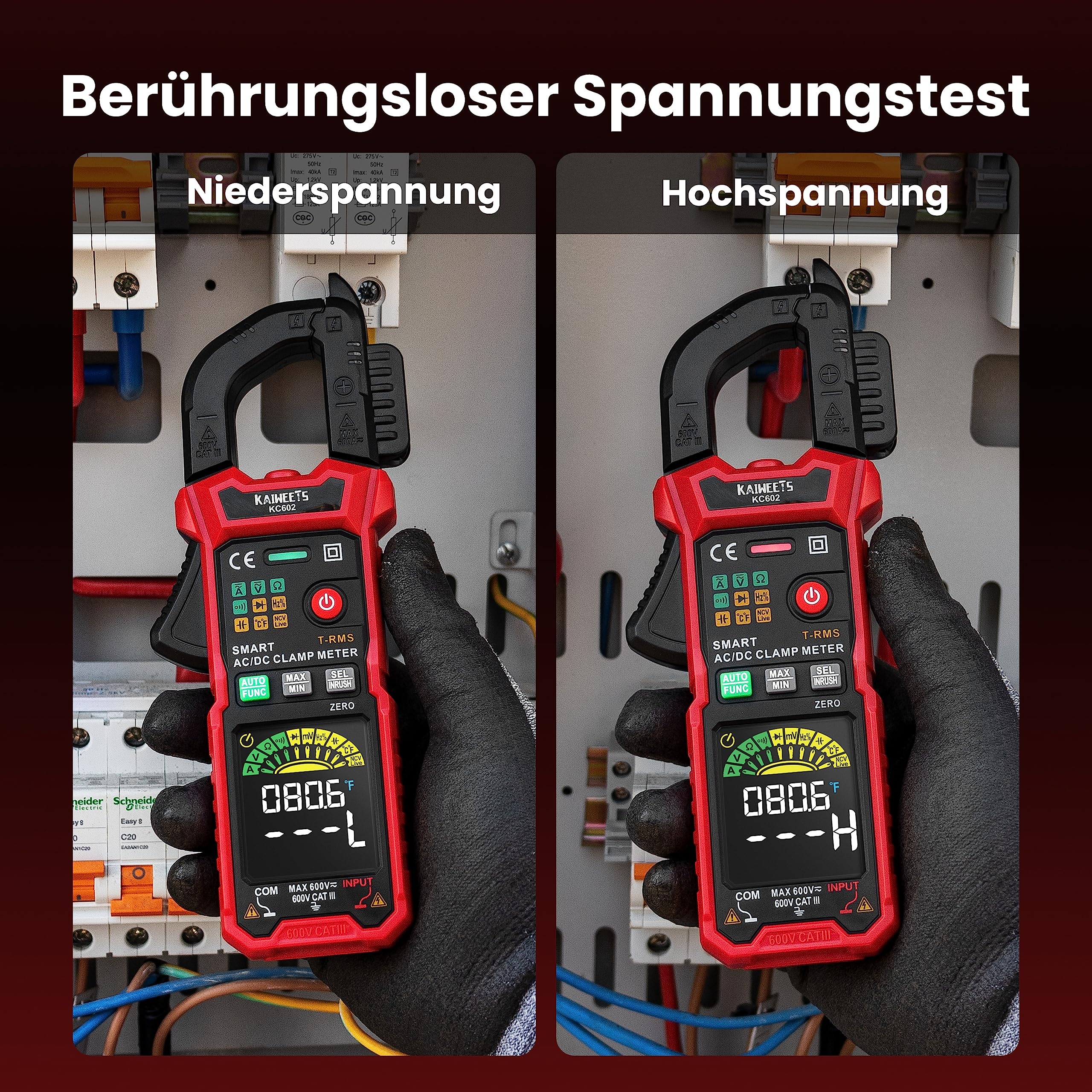 KAIWEETS KC602 Intelligente Stromzange, Strommessgerät AC/DC-Strom:0-600A, Zangenmultimeter mit Automatischer Kalibrierung, True-RMS 6000 Zählungen Auto-Ranging, misst Spannung Kapazität Durchgang.