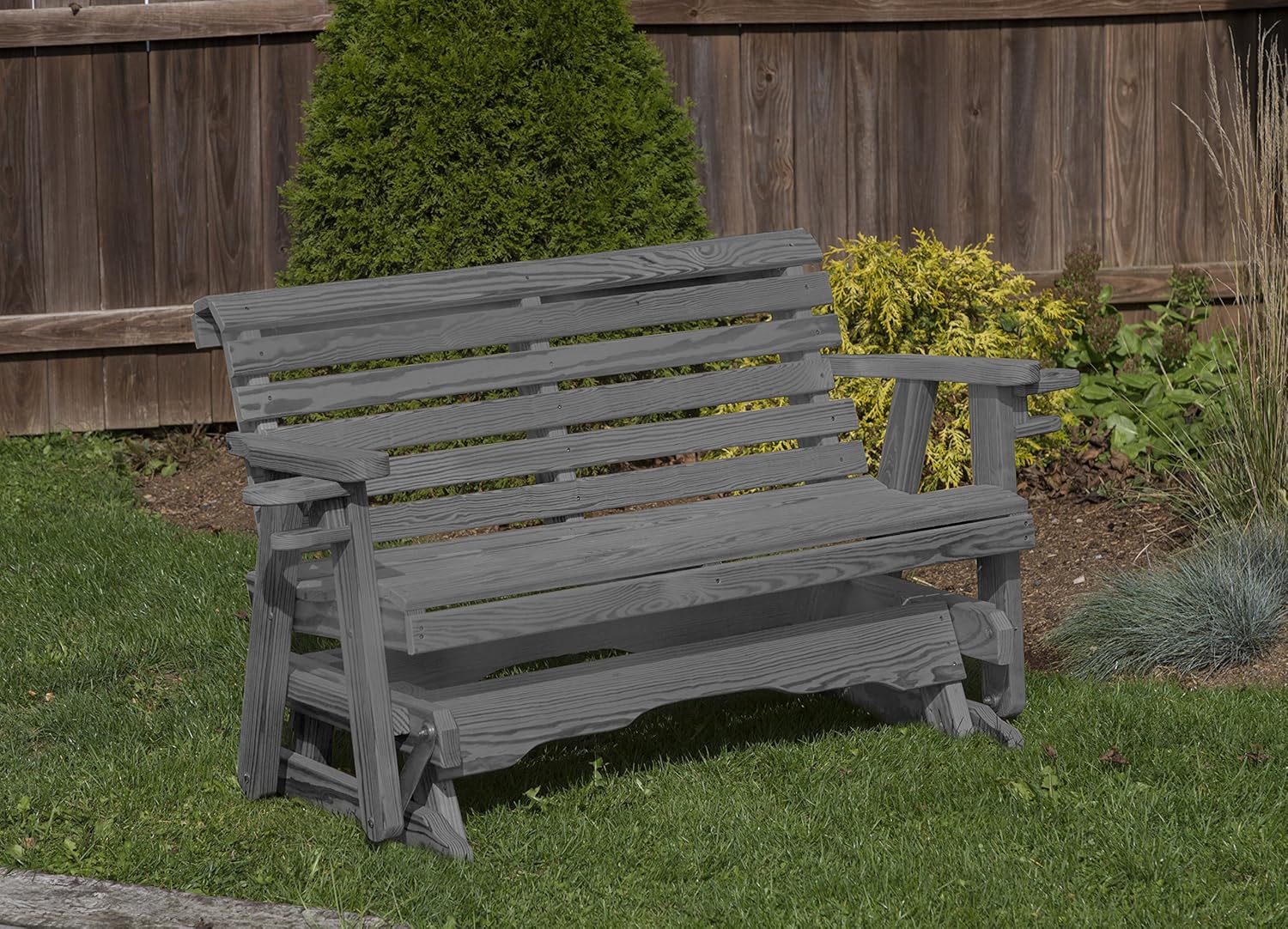 Amish Heavy Duty 800 Lb Roll Back Pressure Treated Porch Patio Garden Lawn Outdoor Glider with Cup Holders-5 Feet-Grey-Made in USA