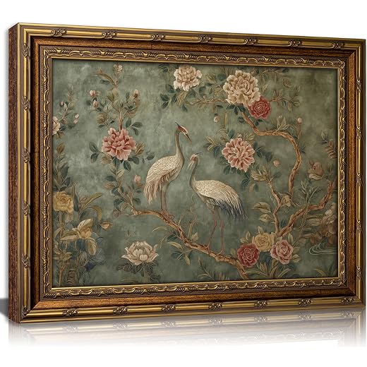 Vintage Gold Framed Heron Canvas Wall Art Nursery Animals Painting Picture Wall Decor Floral Botanical Poster Print Artwork for Living Room Bedroom Study Bathroom Home Decoration