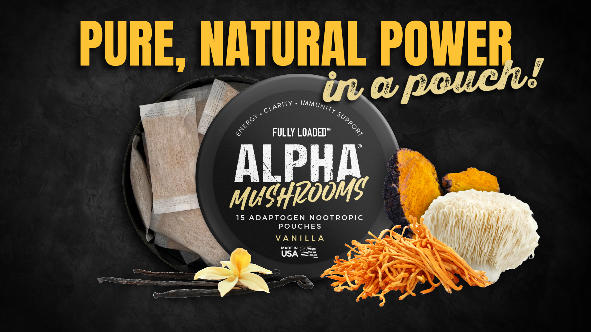 alfa foods & tobacco Fully Loaded Alpha Mushroom Pouches - Adaptogen Nootropic Pouches (5-Pack, Vanilla) - Lion's Mane, Cordyceps, Chaga - 5 cans, 15 Pouches per can - Functional Mushrooms Cigar • Alfa Plus Vape