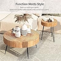 Vista 3 de COZAYH Juego de mesa auxiliar moderna de 2 piezas para sala de estar, mesa anidable redonda con acabado natural con diseño de anillo de madera hecho