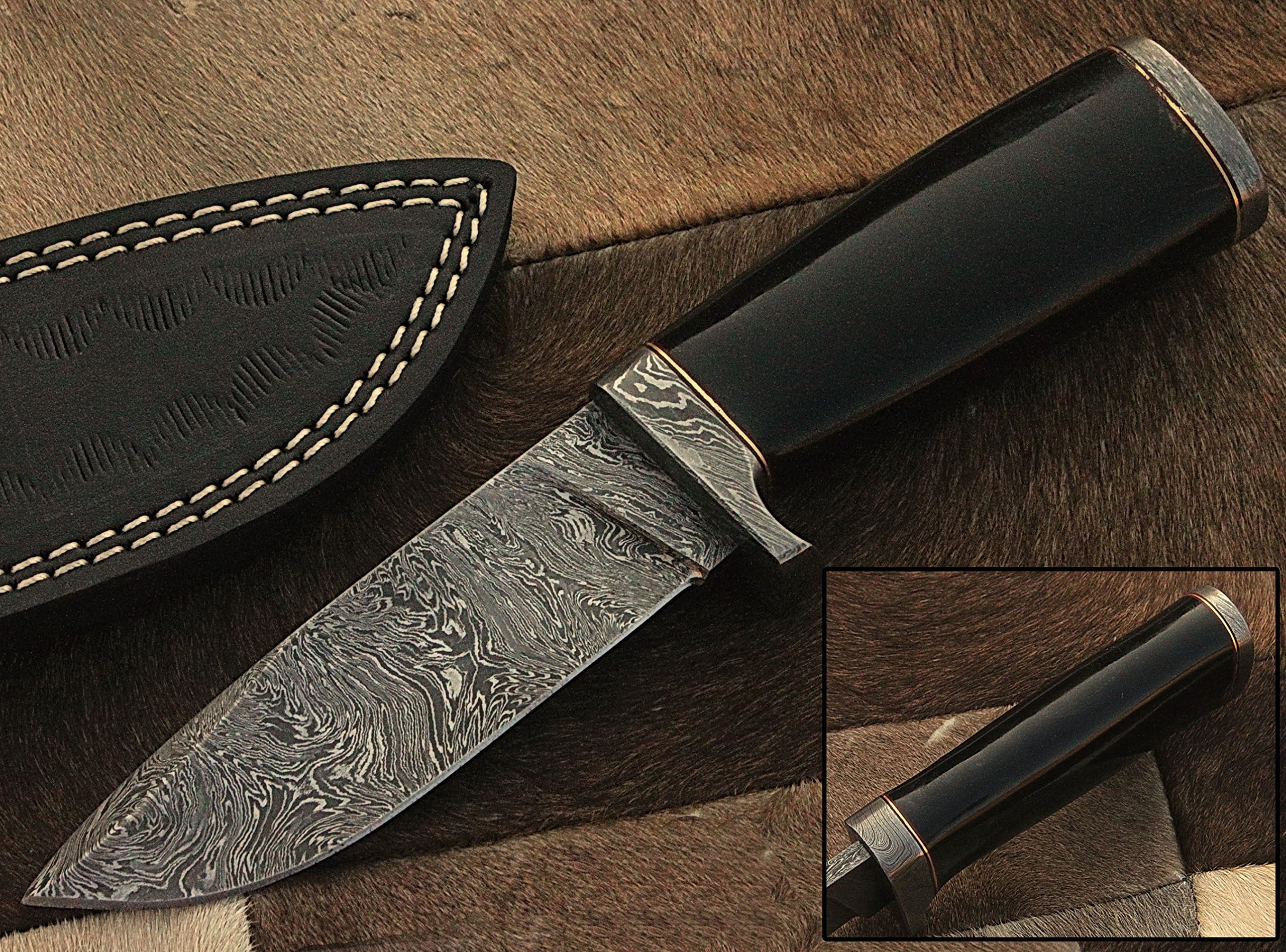 RA-9003 Custom made damascus steel hunting knife horn handle, damascus guards, with real leather sheath.