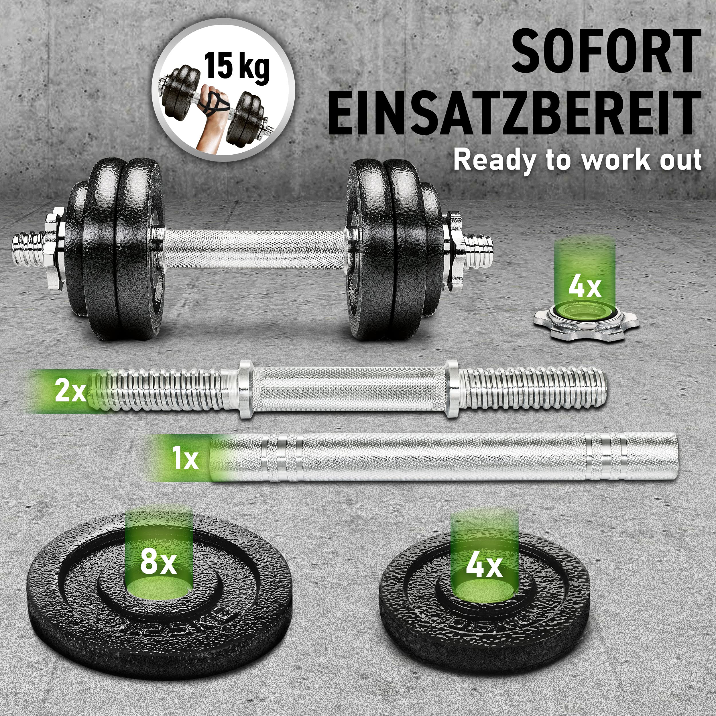 RE:SPORT Zestaw hantli 2 w 1 1 15-30 kg | zestaw hantli żeliwnych regulowanych | krótkie i długie hantle | zaciski gwiazdowe i rura łącząca