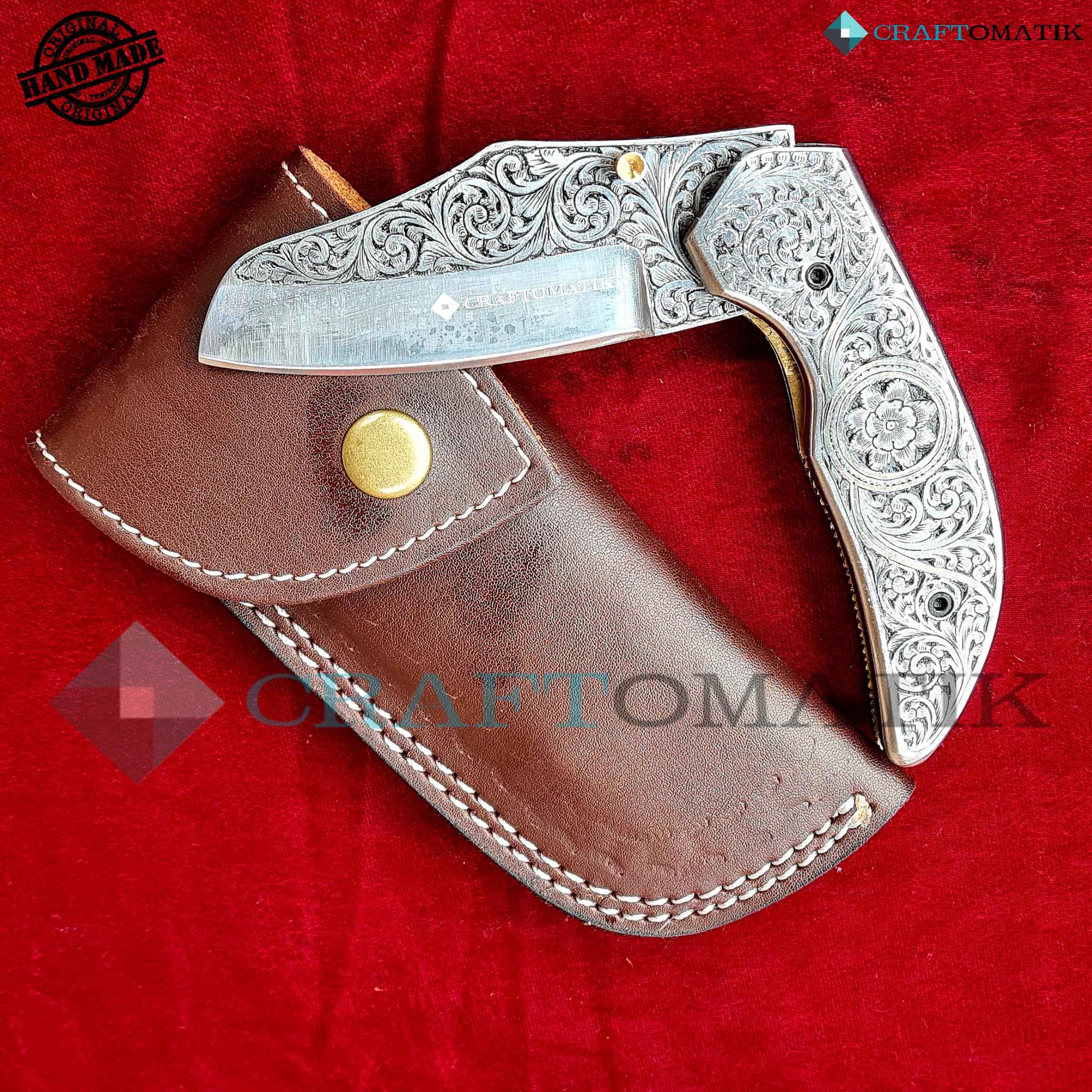 Handgravierte Taschenmesser | Klappmesser | 440C Edelstahl klinge | Edelstahl und Messing Griff | Handgefertigt Outdoor Camping Messer | FK48