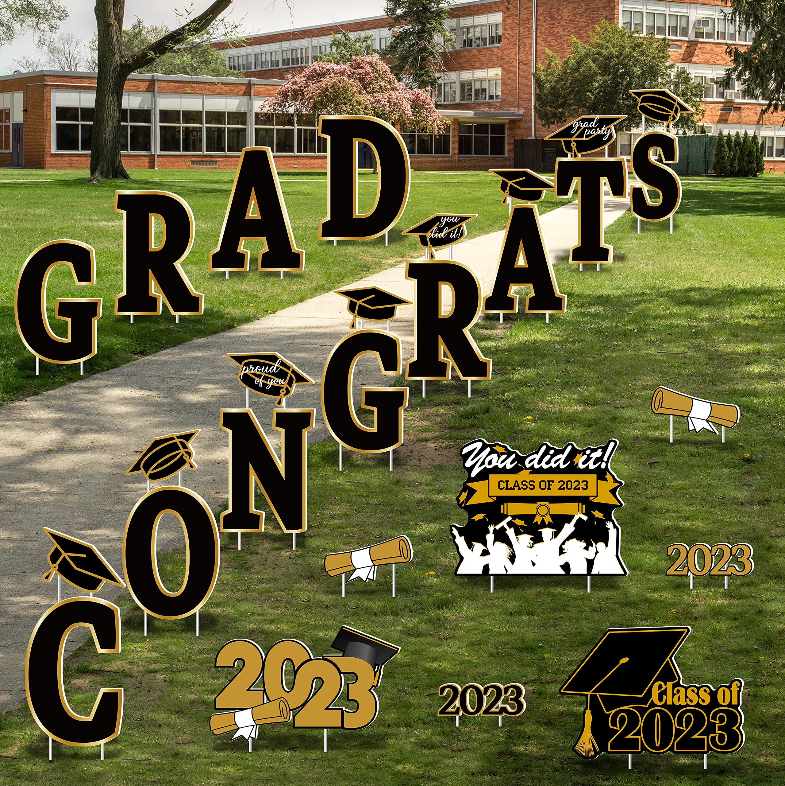 durony 27 Pieces 2023 Graduation Yard Signs Waterproof Congrats Grad Yard Signs Lawn Decorations Plastic 2023 Grad Party Supplies Outdoor Garden Grad Lawn Decorations with 54 Stakes, Black and Gold
