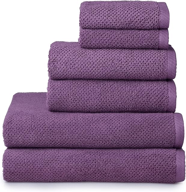 Welhome Franklin Premium 100% Cotton Towels | 6 Piece Set | Textured Finish | Waffle Texture | 2 Bath - 2 Hand - 2 Face | Plush Spa Towels | Quick Dry | Sustainably Manufactured in Plum Purple