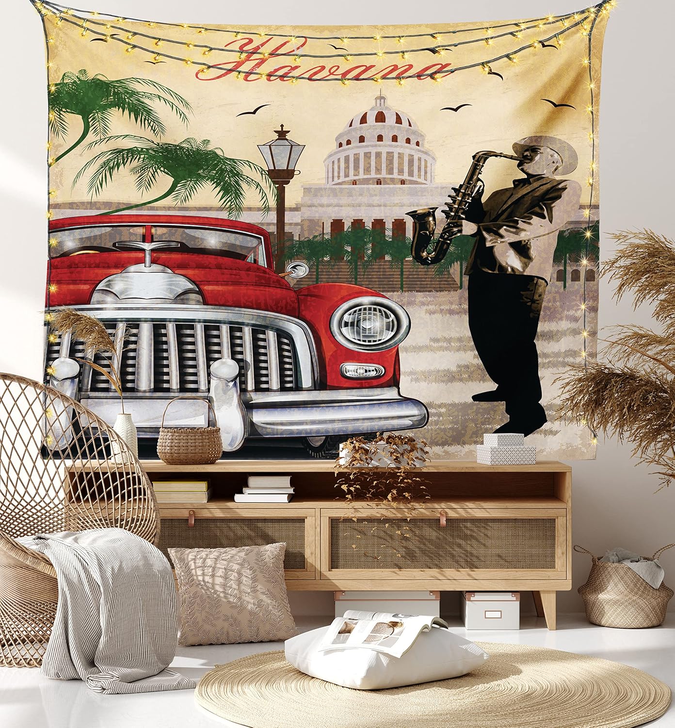 Lunarable Havana Tapestry, Saxophone Playing Gentlemen Wearing Panama Hats and Nostalgic Red Car, Fabric Wall Hanging Decor for Bedroom Living Room Dorm, 45" X 30", Sand Brown and Emerald 8 Lunarable Havana Tapestry, Saxophone Playing Gentlemen Wearing Panama Hats and Nostalgic Red Car, Fabric Wall Hanging Decor for Bedroom Living Room Dorm, 45" X 30", Sand Brown and Emerald