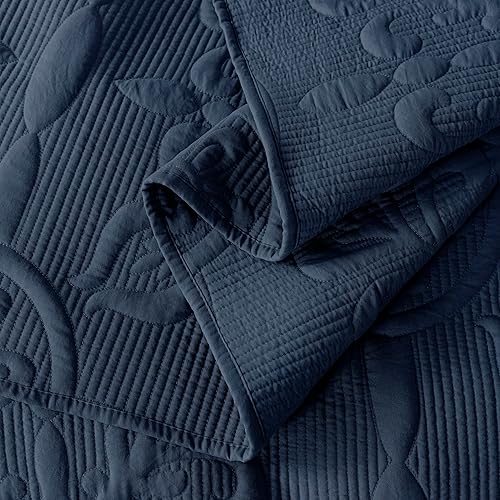 Miniatura 7 de Juego de ropa de cama de damasco tamaño King con fundas de almohada, colcha ligera y suave, manta acolchada azul marino fina para todas las