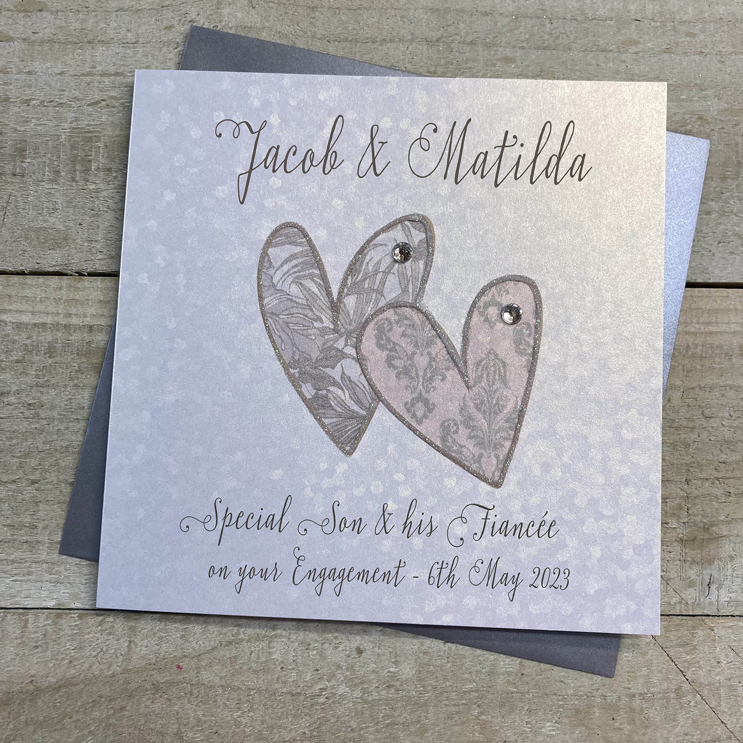 WHITE COTTON CARDS PERSONALISED ENGAGEMENT CARD. ANY RELATION. SON & FIANCÉE. PATTERENED HEARTS DESIGN. Handmade (P18-2ENG-S & XP18-2ENG-S)