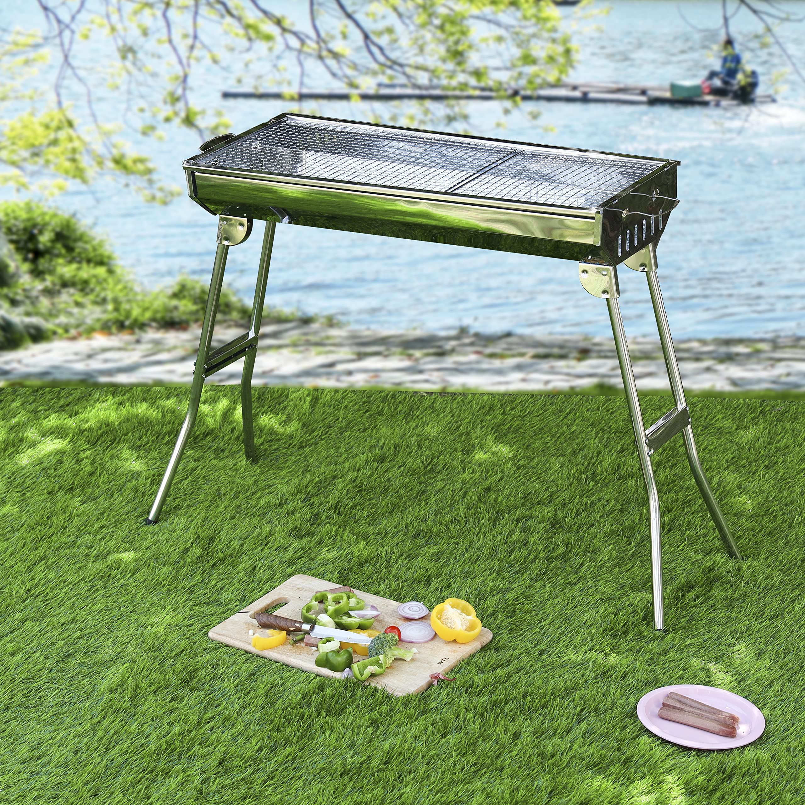 Barbecue Stand With Grill, Larger Grilling Area, Rf10362 - Durable Stainless-Steel Construction, Foldable & Portable Design For Easy Transport & Storage, Used For Camping, Outdoor Pool Party Etc