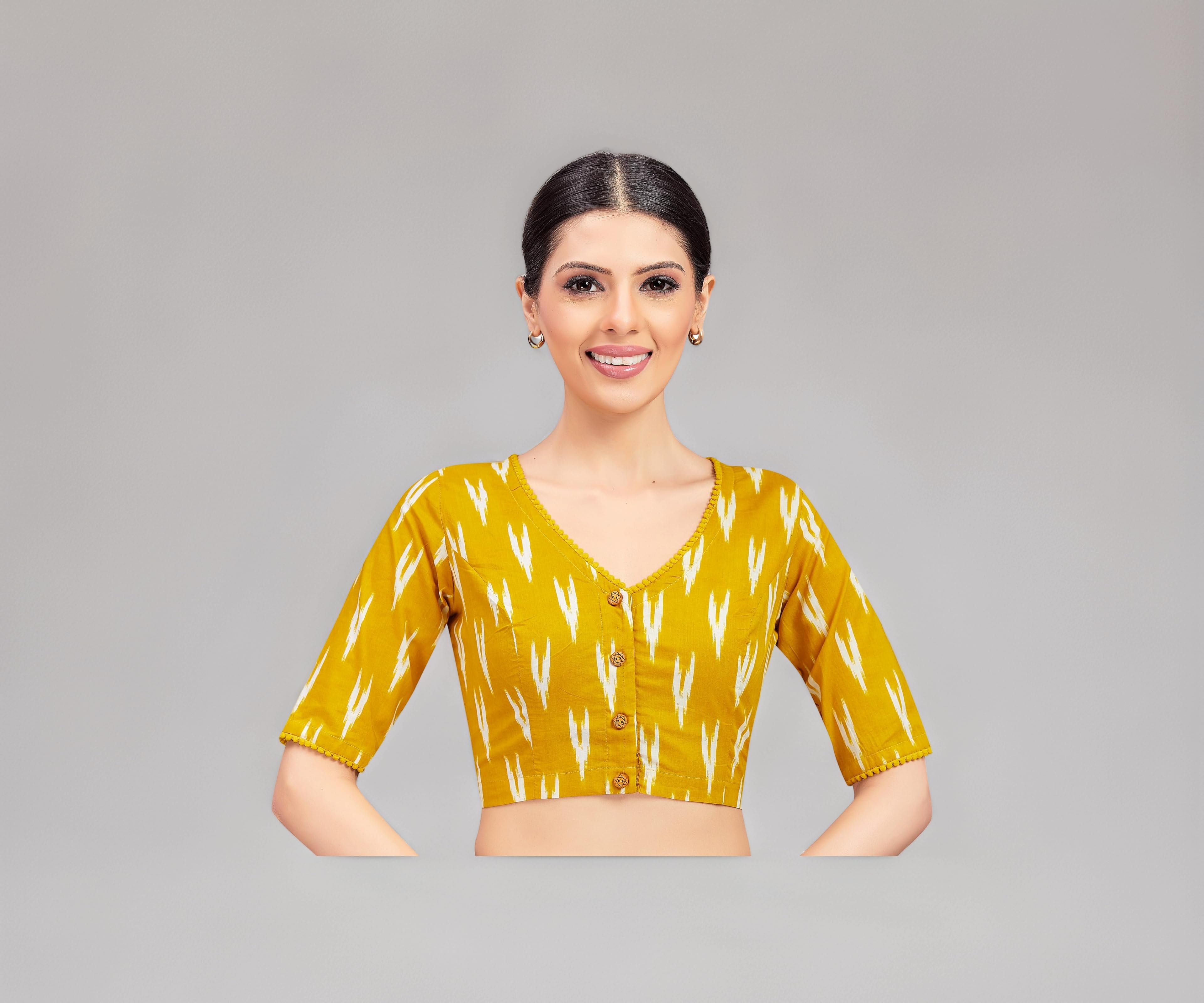 Studio Shringaar Women's Readymade Black Cotton Block Printed Elbow Length Sleeves Saree Blouse