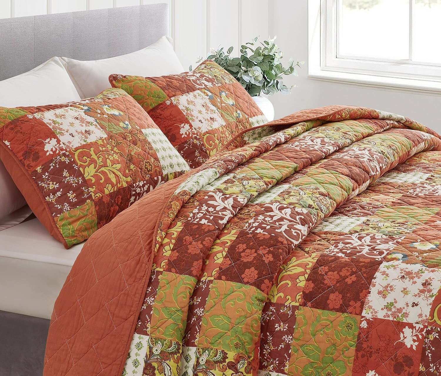 Chezmoi Collection Leilani 3-Piece Boho Washed Cotton Quilt Set Queen Size - Bohemian Quilted Bedding Orange Green White Floral Printed Patchwork Lightweight Bedspread Set for All Season
