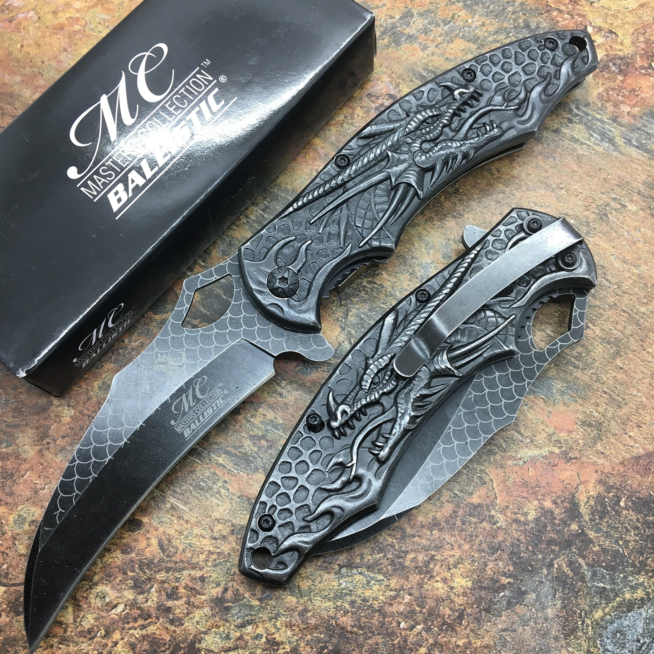 Masters Collection MC-A037SW Dragon Folder with Pocket Clip Laser Etching Stonewash Blade & Handle, 4.75
