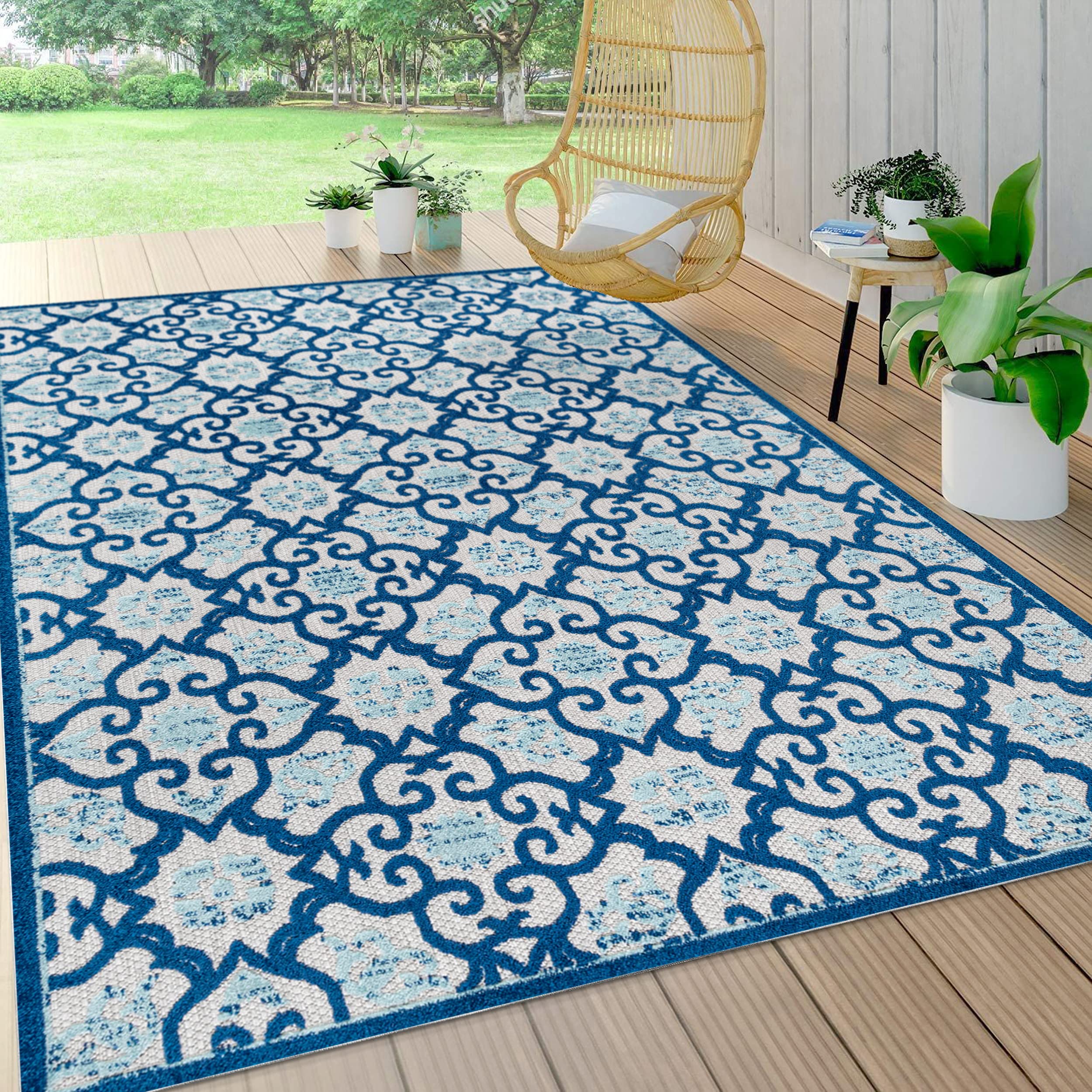 Eyely CMA107B-4 Amalfi Coast Gallia Tile Trellis High-Low Indoor/Outdoor Area Rug Traditional;Modern;Mediterranean, Bedroom, Backyard, Patio,