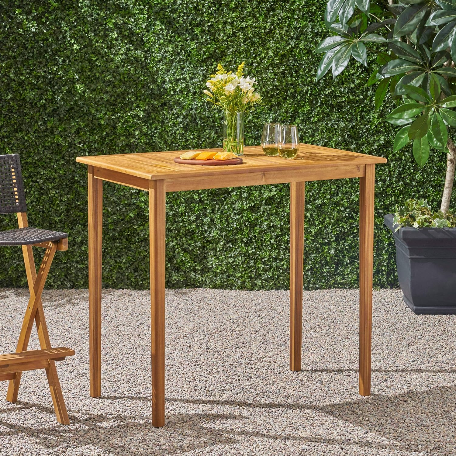 Polaris Outdoor Minimalist Acacia Wood Rectangle Bar Table - Teak Finish